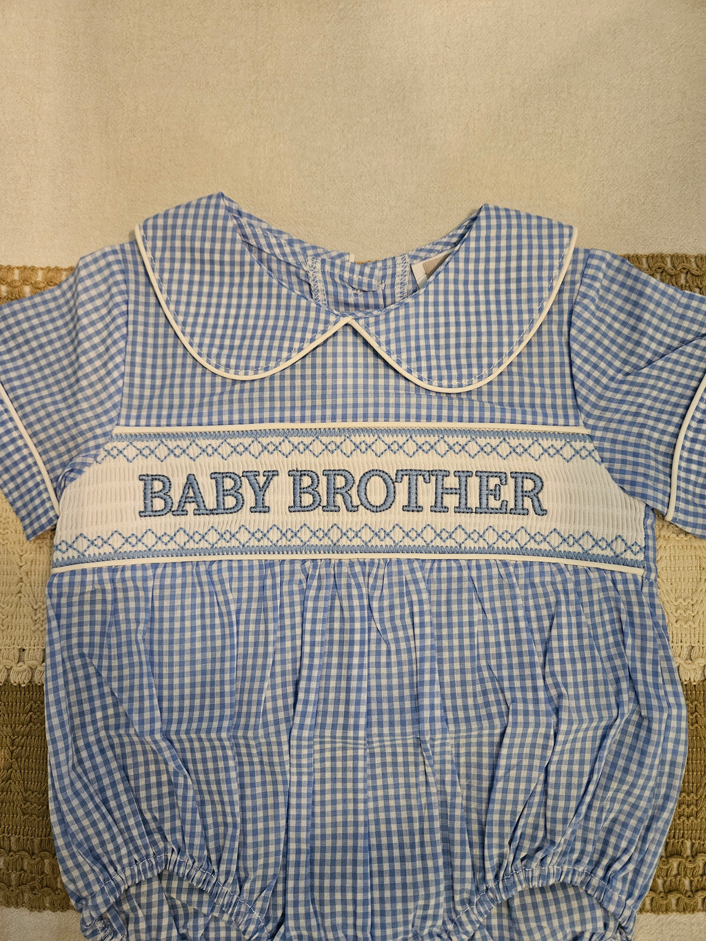 Lil Cactus Blue & White Gingham Smocked Baby Brother Bubble Size 6–12M