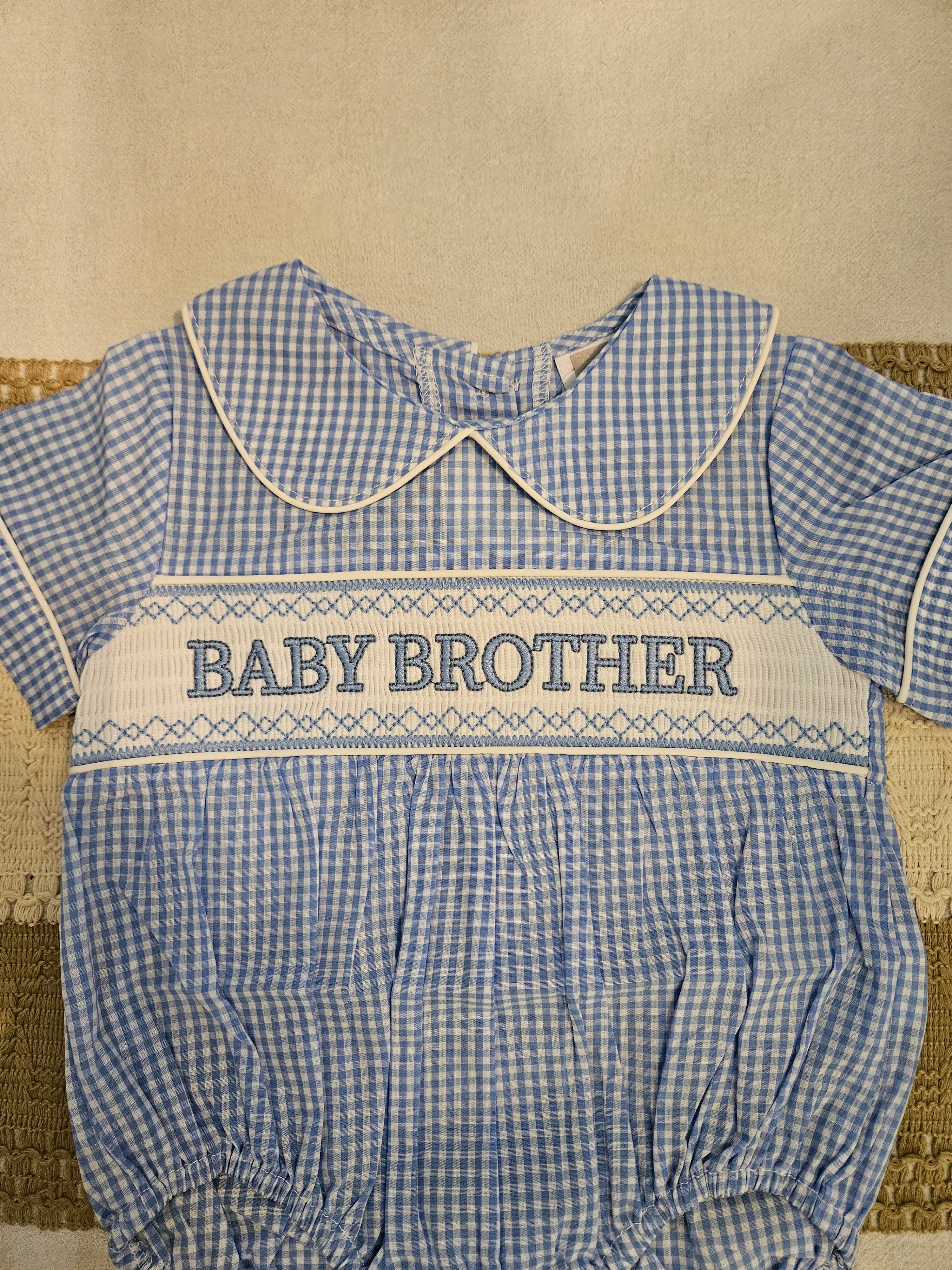 Lil Cactus Blue & White Gingham Smocked Baby Brother Bubble Size 6–12M