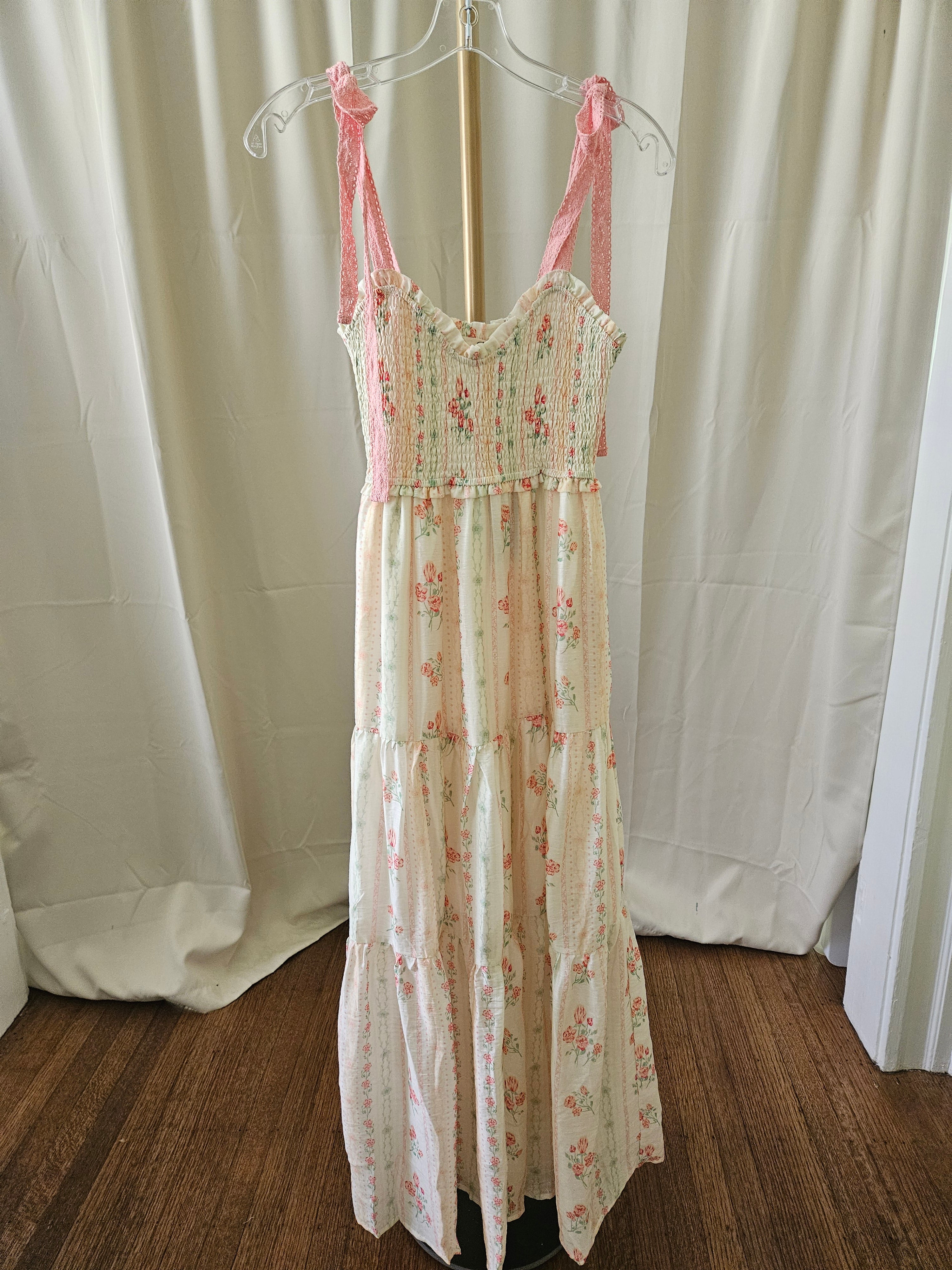 J.NNA Rose Stripe Smocked Maxi Dress Cottagecore Romantic