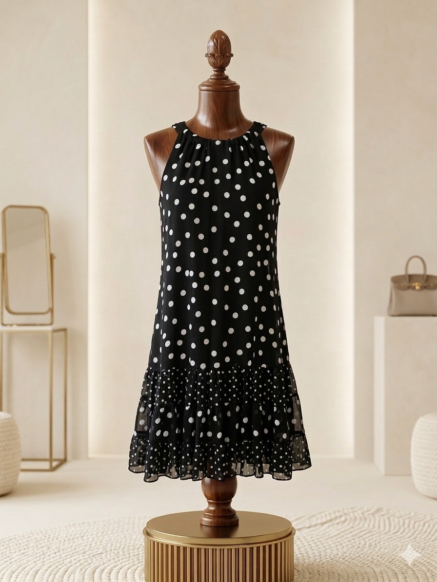 MSK Black & White Polka Dot Mini Dress Size 6 Sheer Overlay Keyhole Back