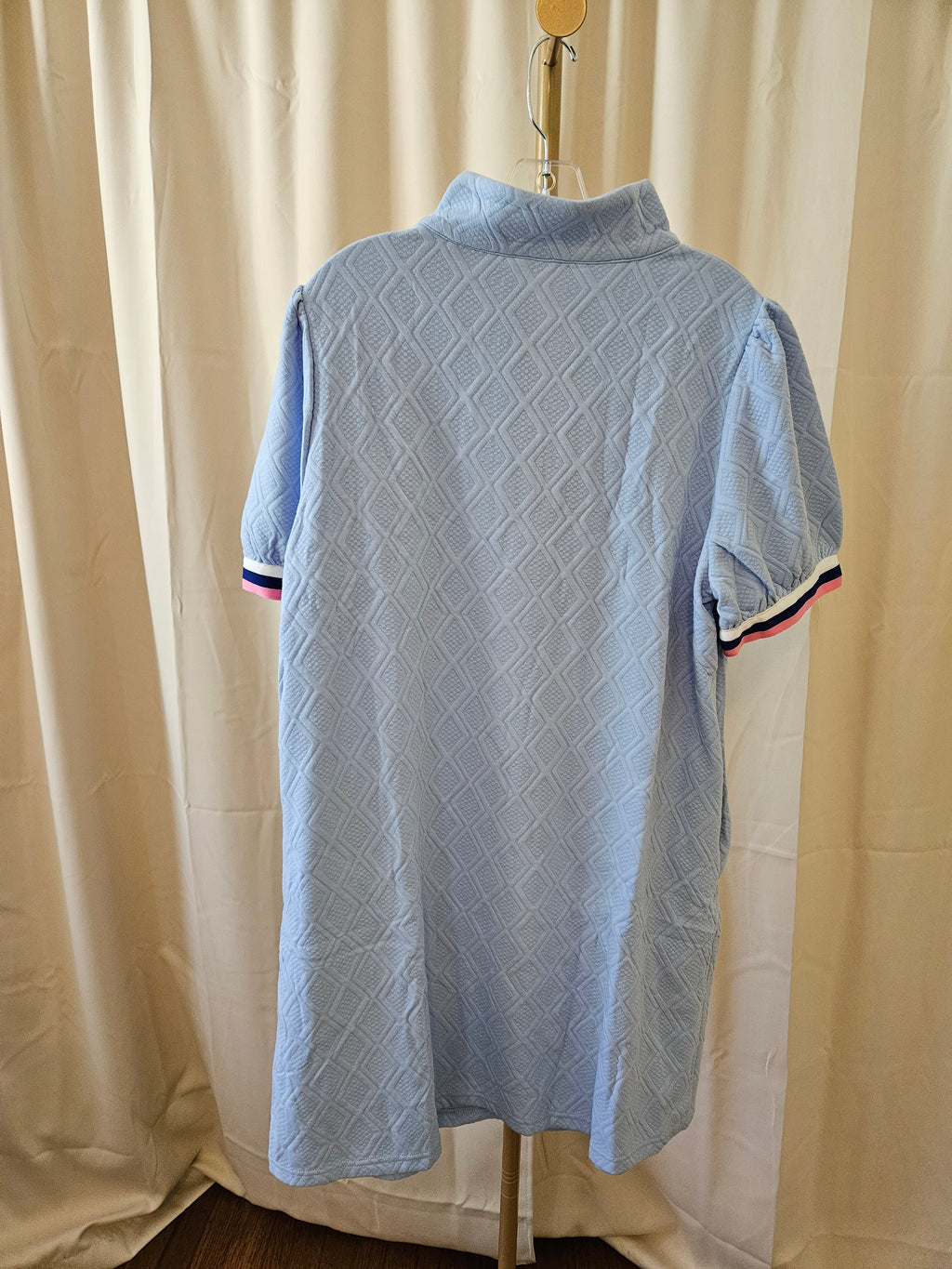 Lovesoft Beau Blue Textured Dress Contrast Pink & Navy Trim Puff Sleeve