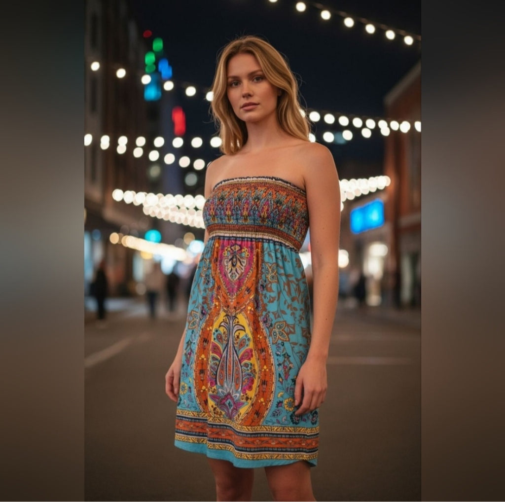 Flying Tomato Strapless Dress - Blue and Orange Sz Sm