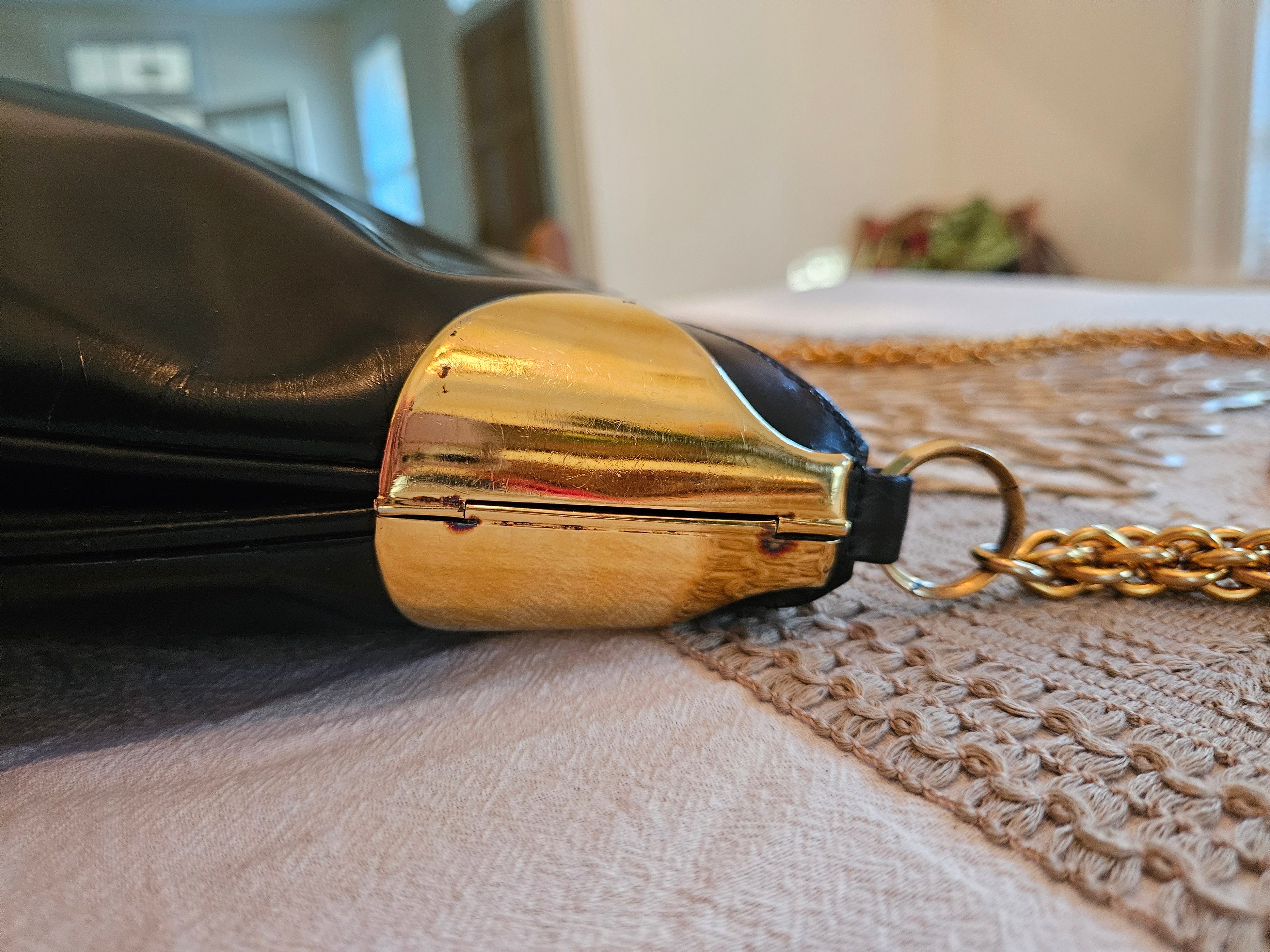 Preloved Vintage Authentic GUCCI 1970's Blk Patent & Gold handbag