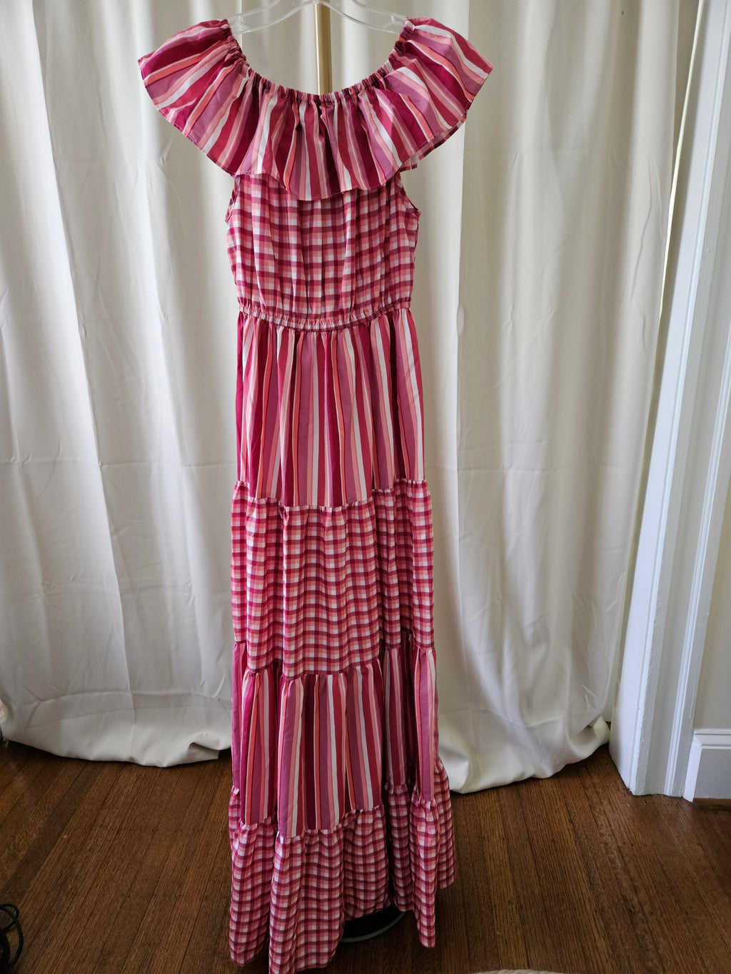 L'atiste by Amy Dusty Pink Plaid & Striped Off-Shoulder Maxi Dress | Size Small