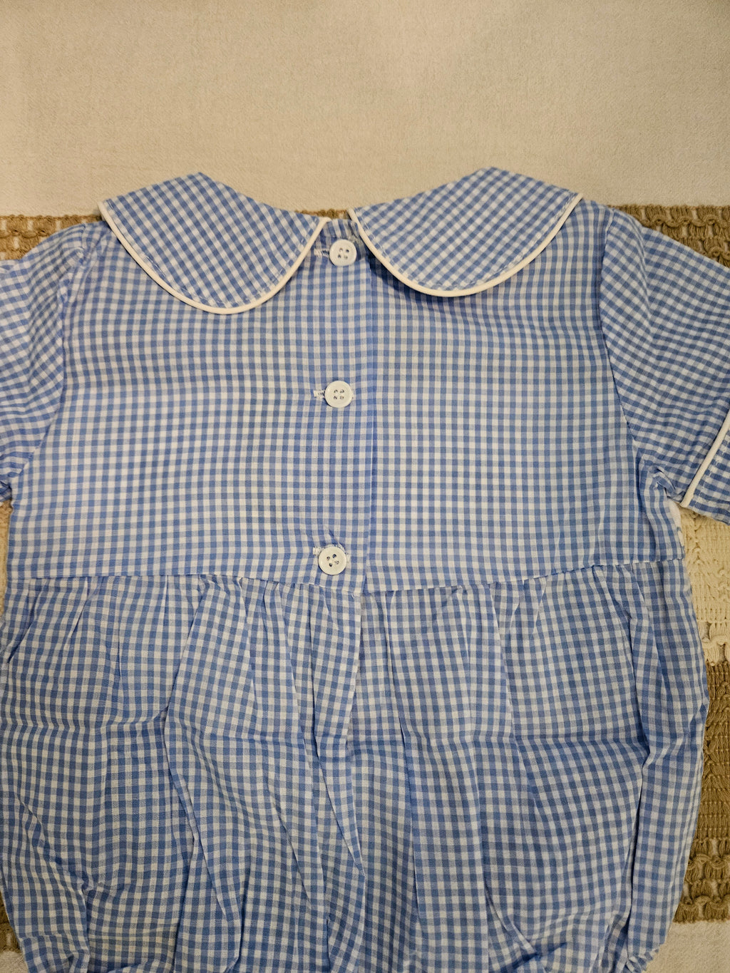 Lil Cactus Blue & White Gingham Smocked Baby Brother Bubble Size 6–12M