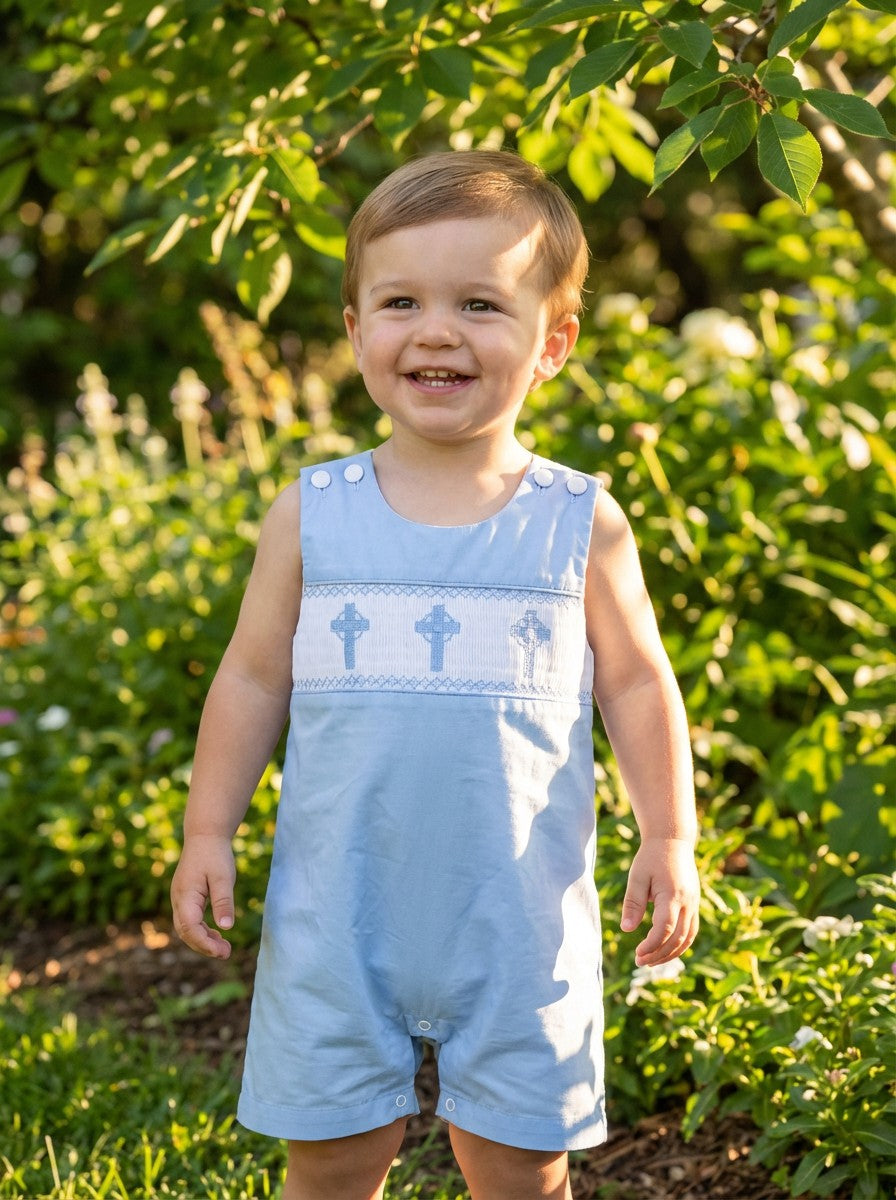 Lil' Cactus Periwinkle Crosses Smocked Shortalls Sz 3-6M