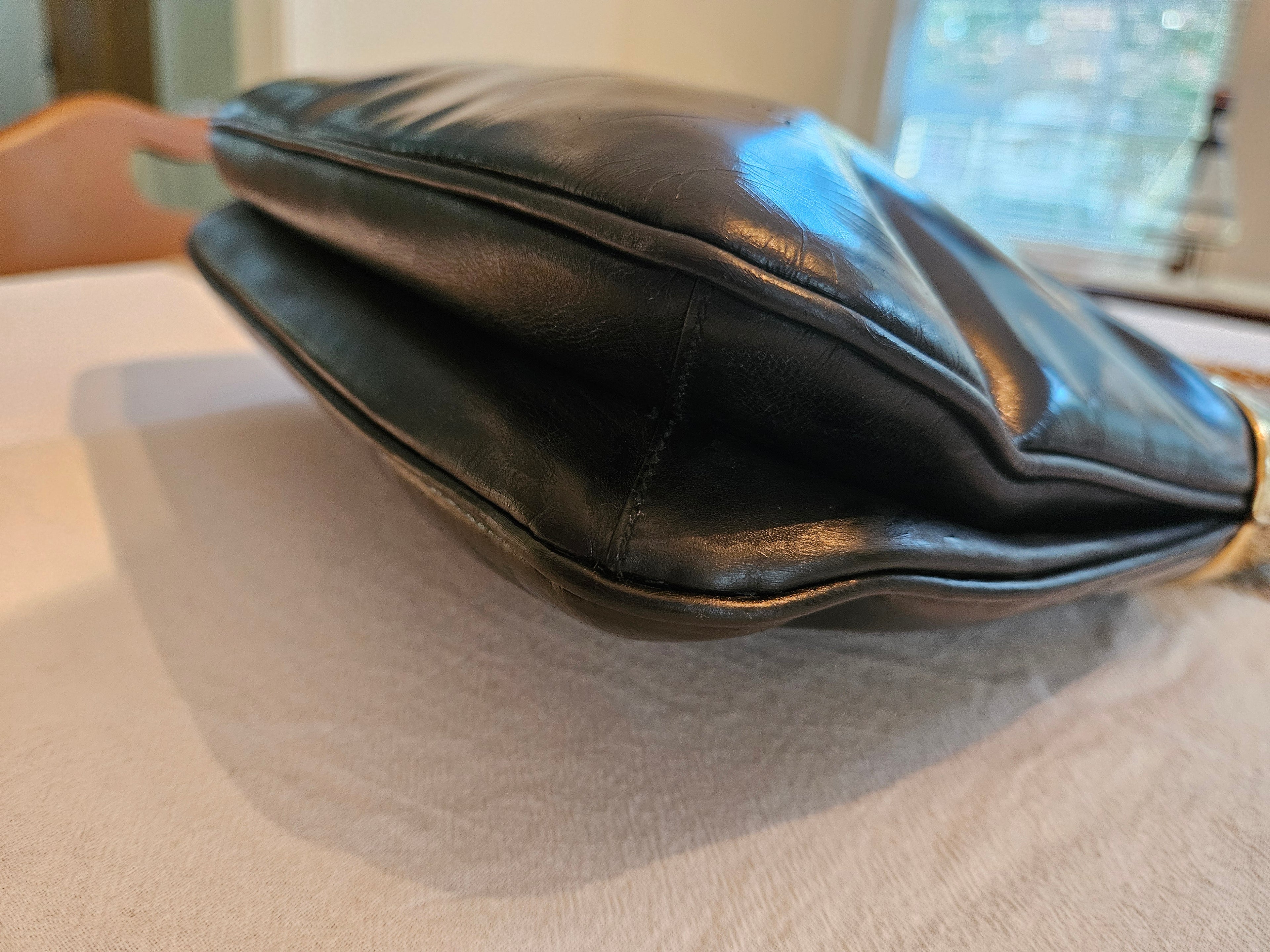 Preloved Vintage Authentic GUCCI 1970's Blk Patent & Gold handbag