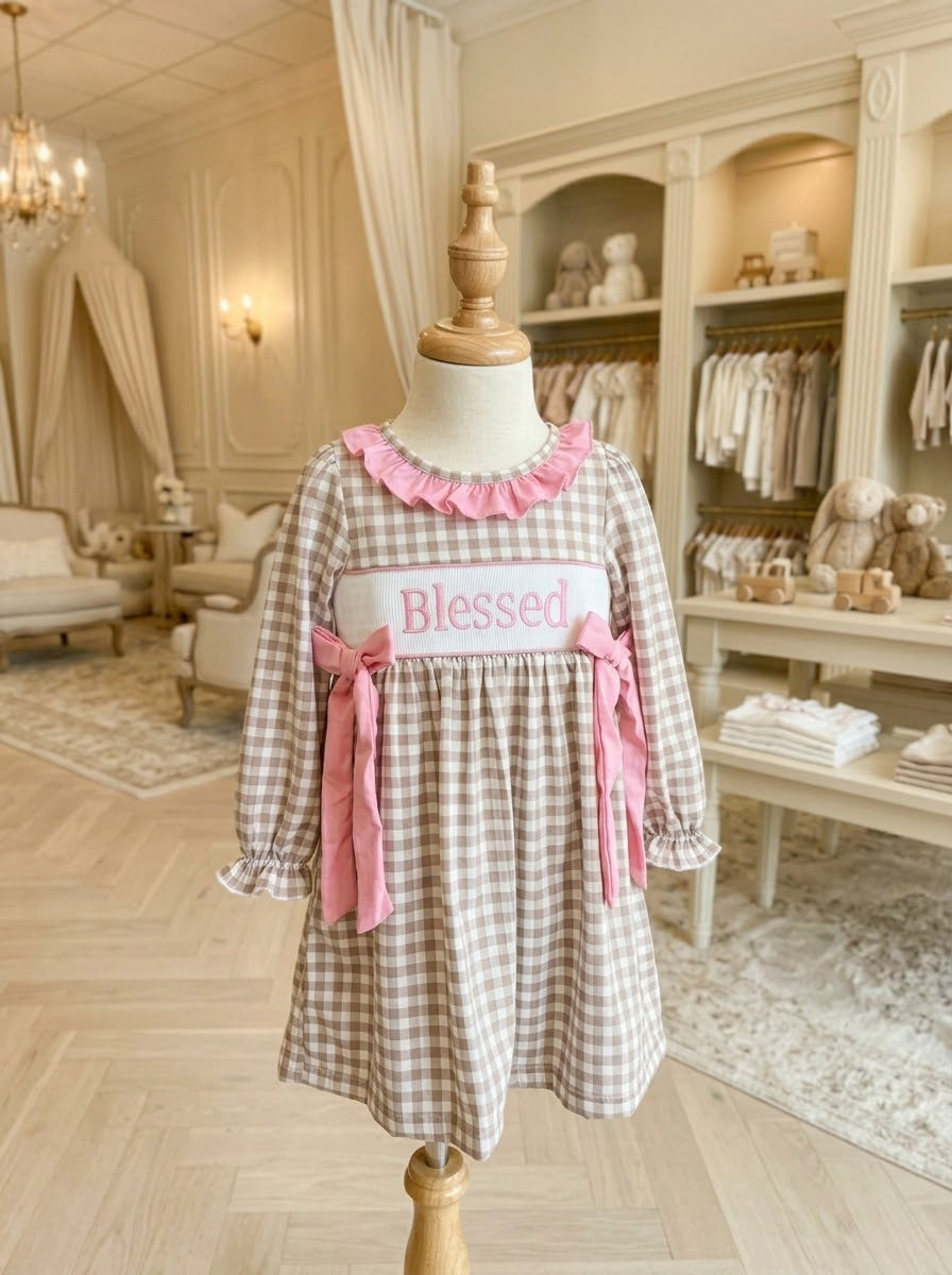 Custom Made Brown and White Gingham Blessed Dress Size 4T