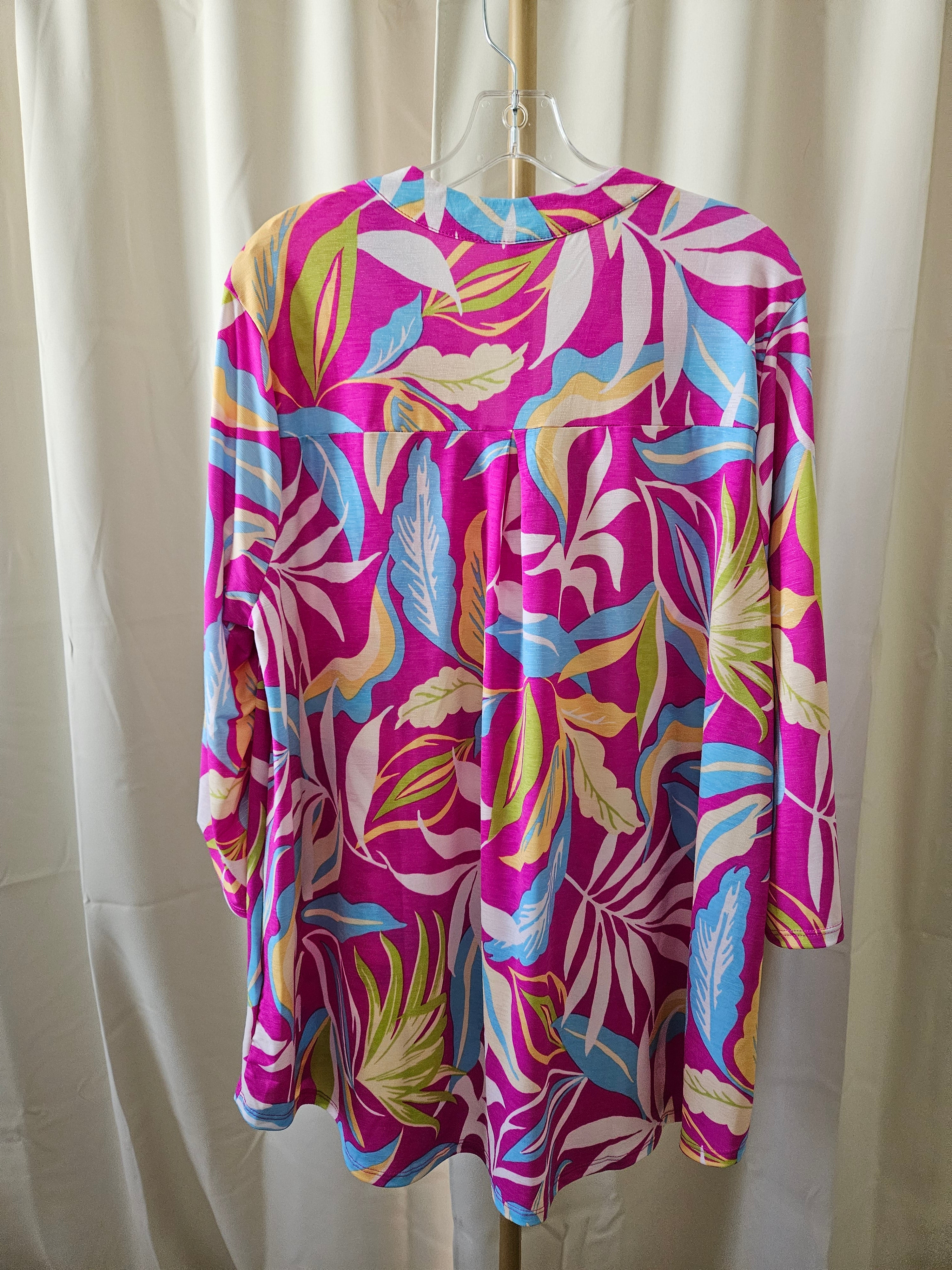Dear Scarlett Floral V-Neck Blouse 3/4 Sleeve Fuchsia Green Blue Size 2XL
