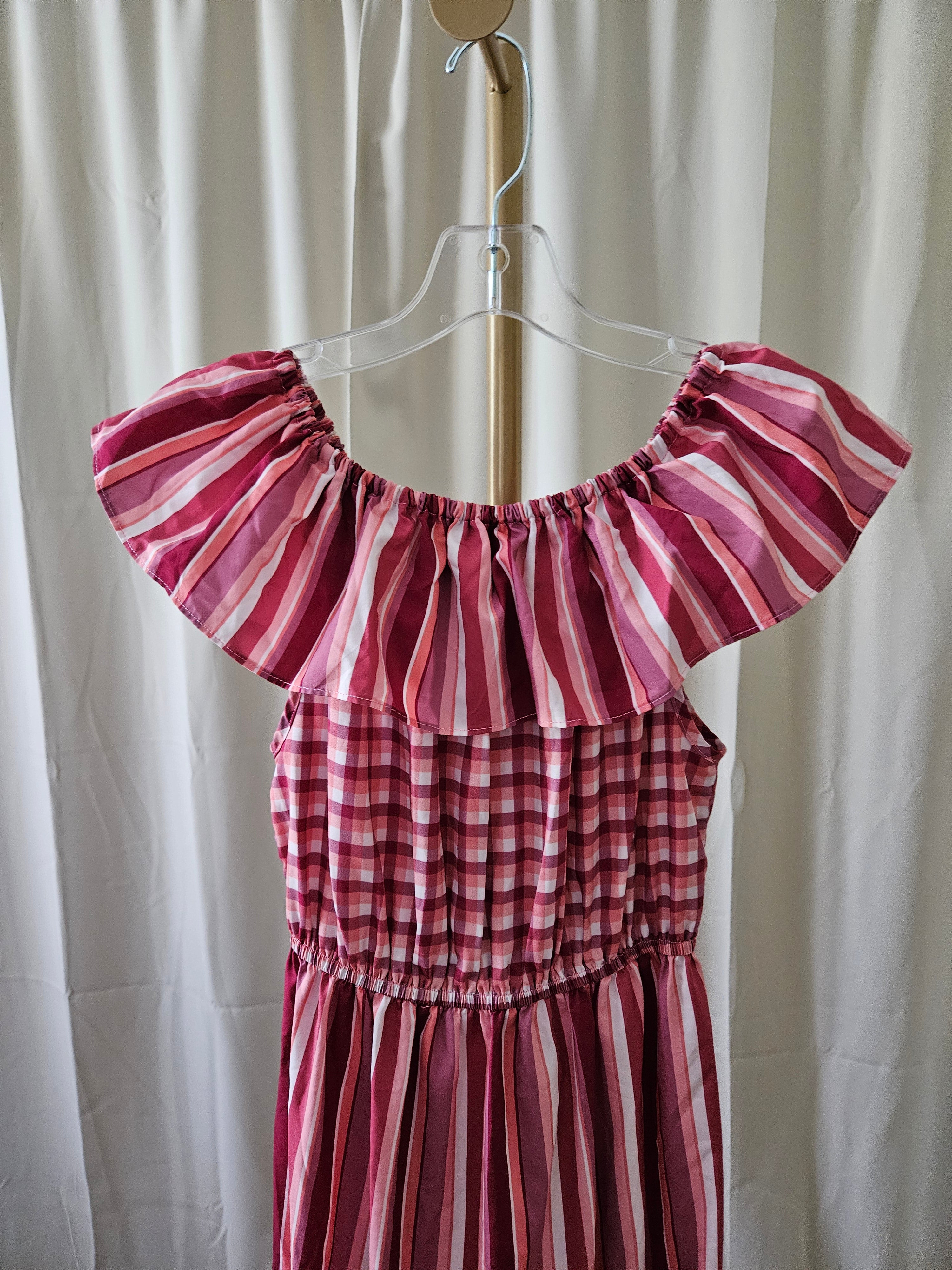 L'atiste by Amy Dusty Pink Plaid & Striped Off-Shoulder Maxi Dress | Size Small