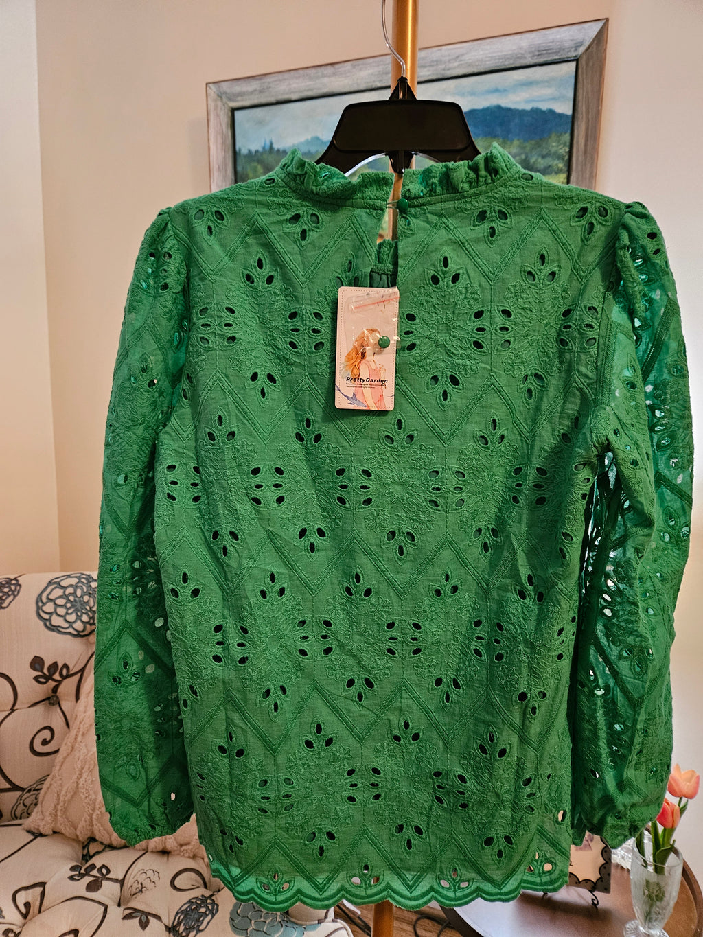 Pretty Garden Elegant Green Eyelet Blouse Sz Med