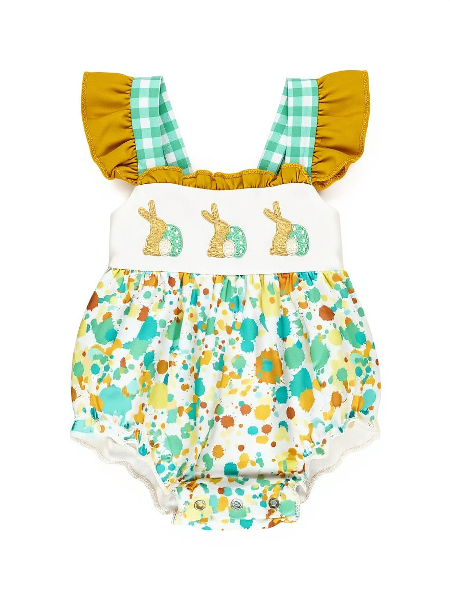 Marie Nicole Green Embroidered Bunny Gingham Ruffle Bubble Sz 12-18M