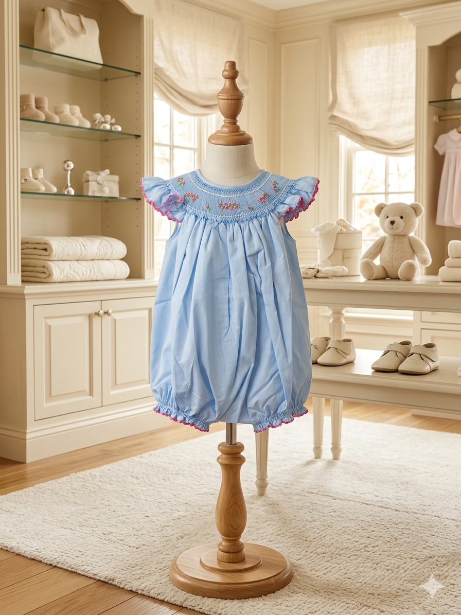 Mom & Me Blue Geometric Smocked Bubble w/ Angel Sleeves & Floral Detail – 12M
