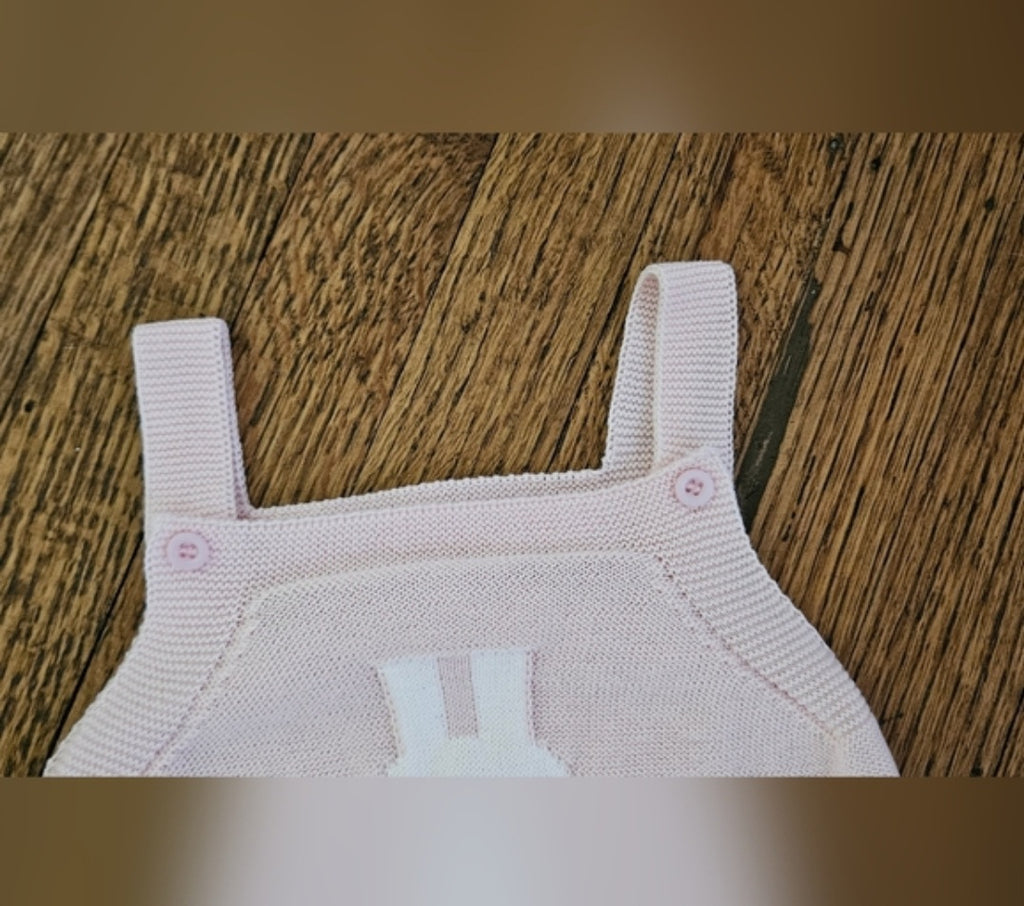 Bunny Knit Overall Romper With Bow & Cotton Ball Tail Sz 9-12 M