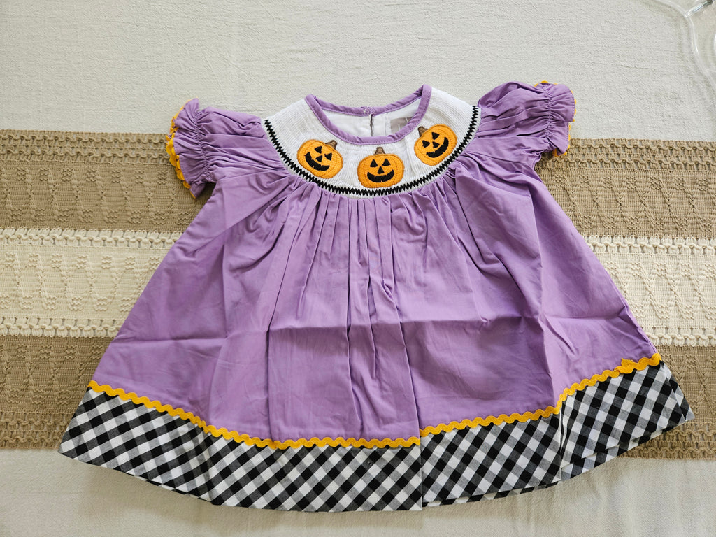 Lil Cactus Purple, Black & White Gingham Smocked Jack O'Lantern Dress Size 3–6M
