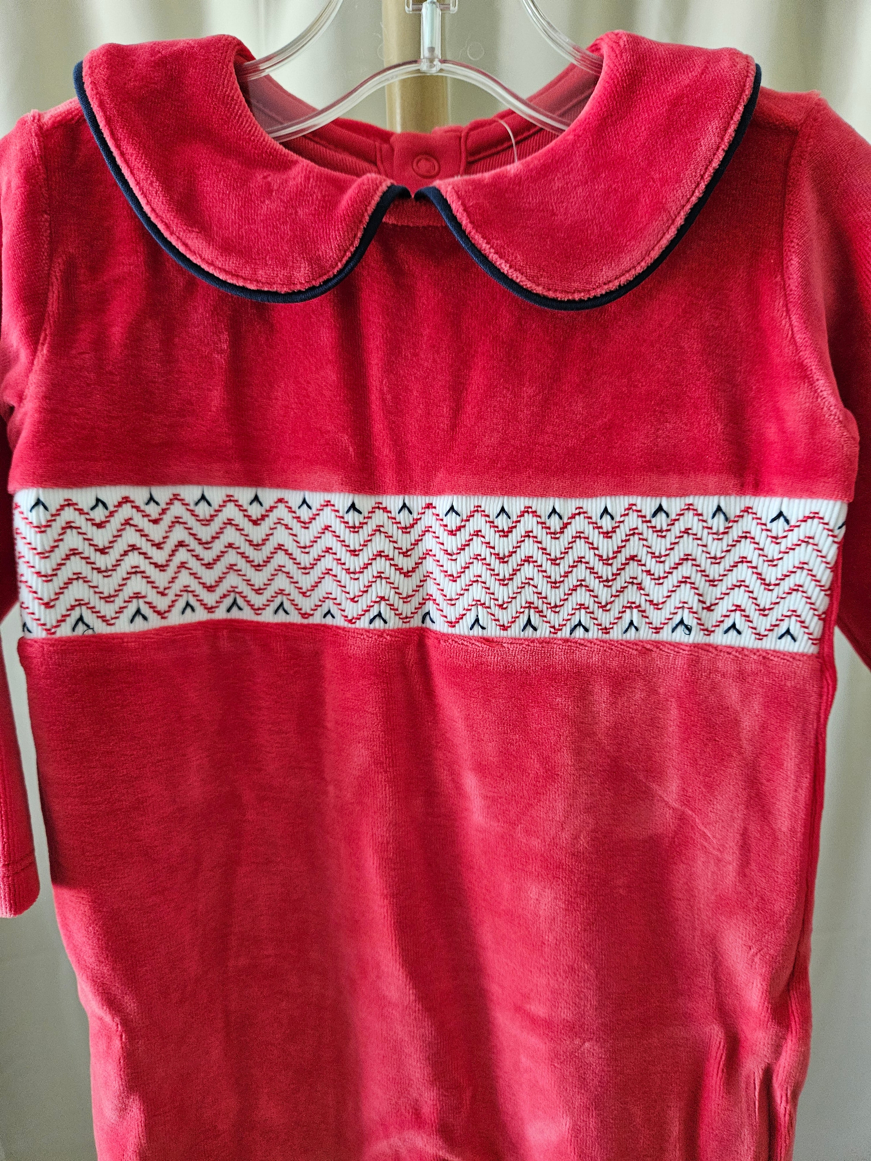 The Beaufort Bonnet Company Red Velour Samuel Smocked Romper |