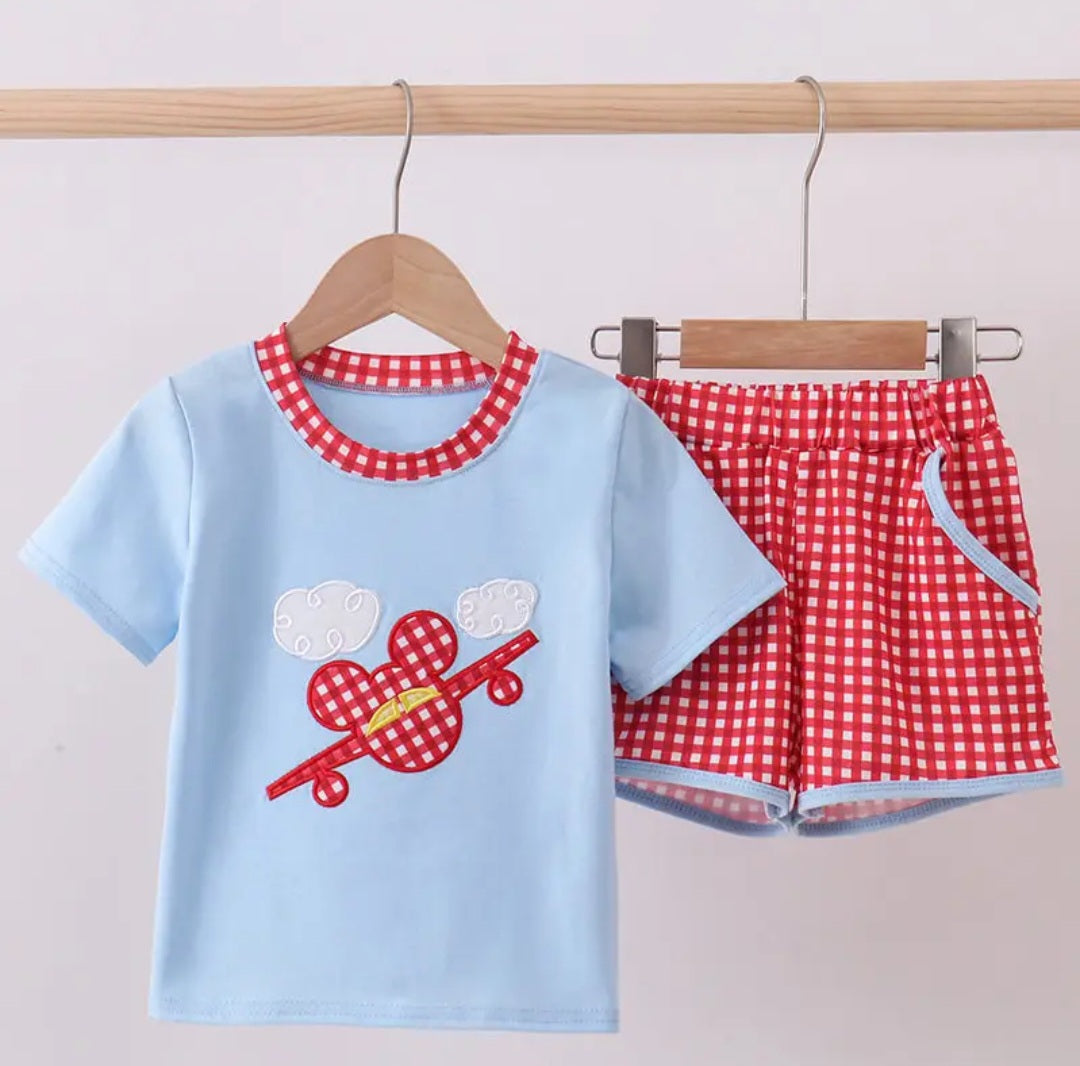 Disney Red And Blue Character Plane Applique Set Sz 4