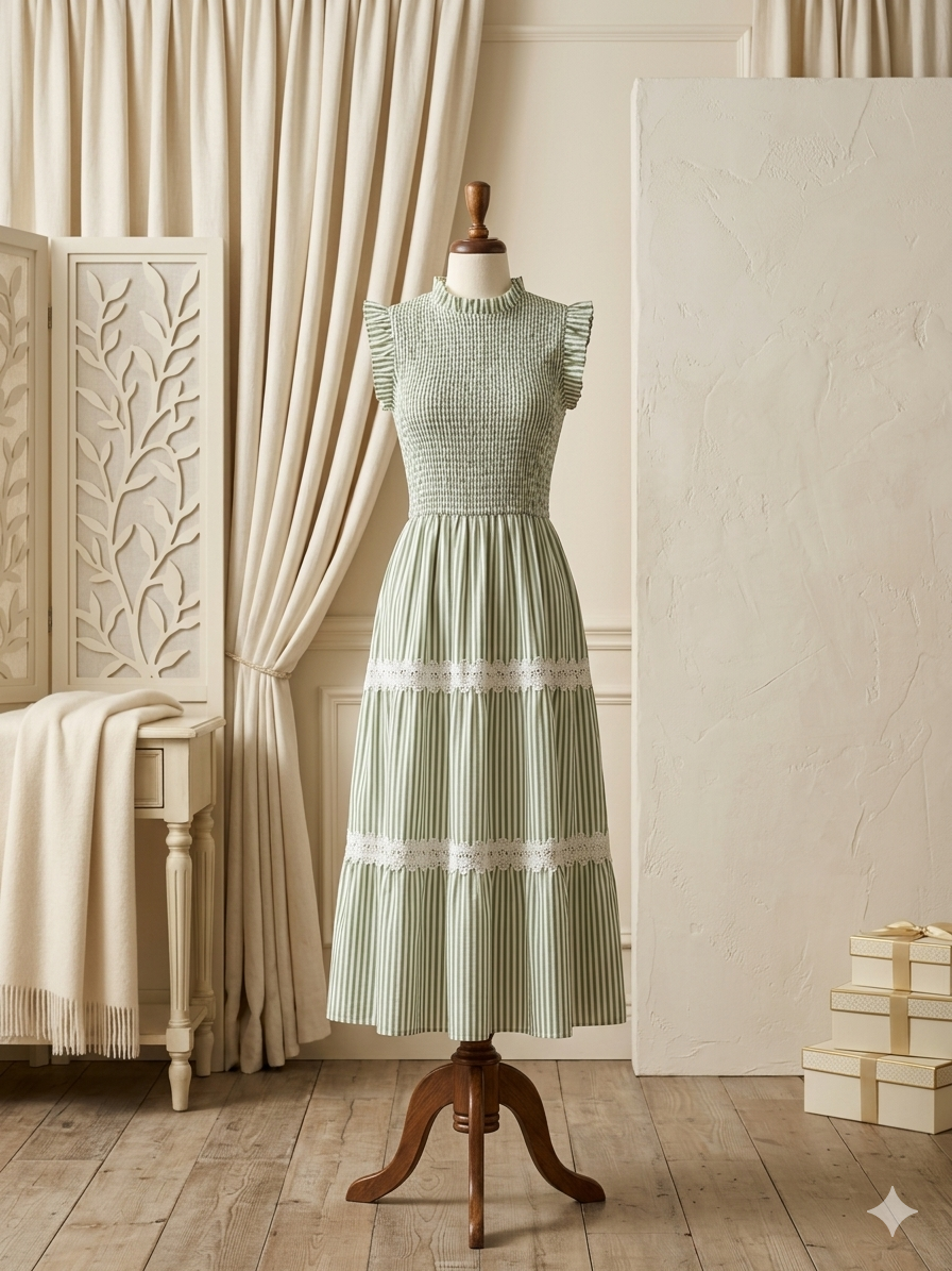 Rosa Clothing Green & White Smocked Maxi Dress 🌿