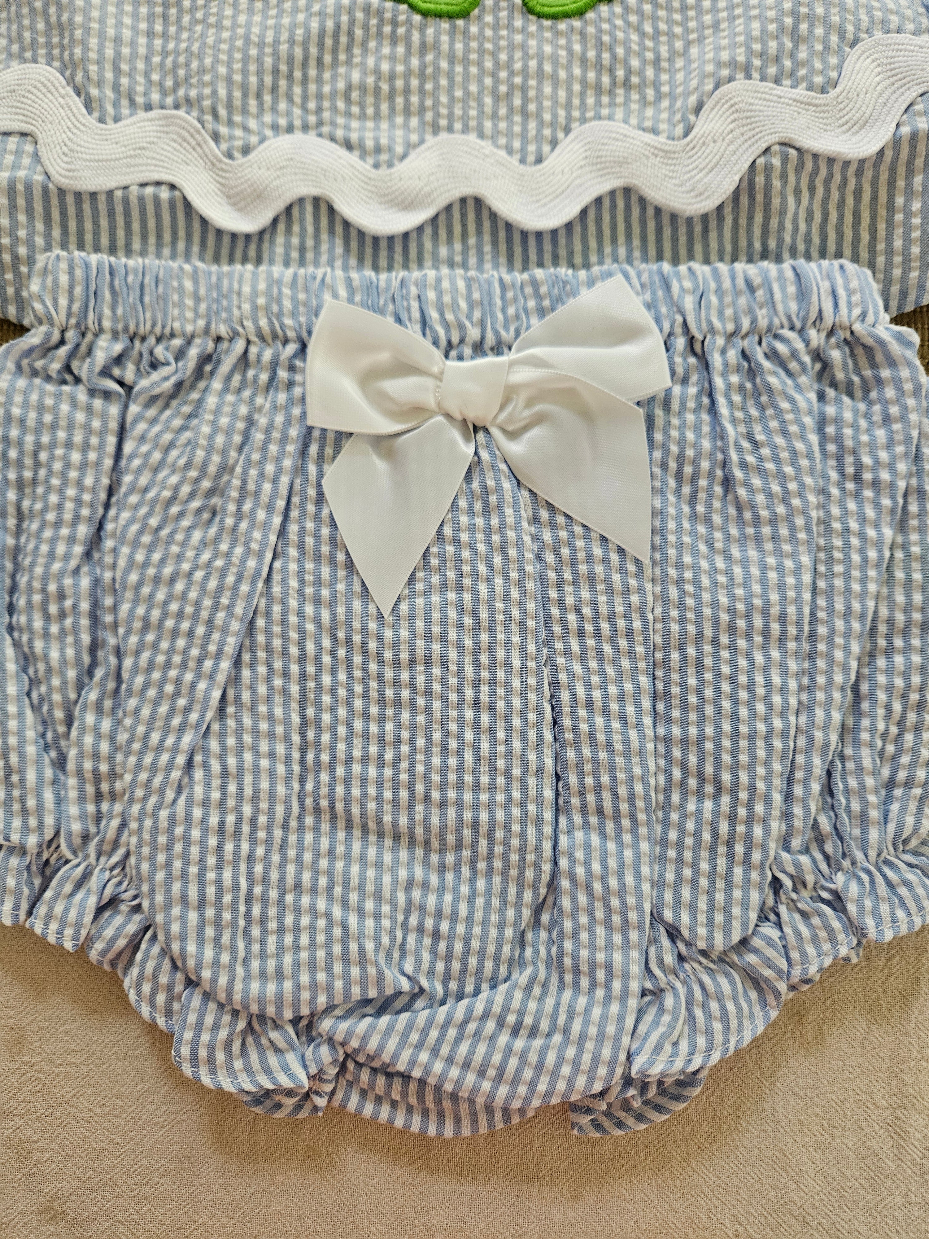 Lil Cactus Blue & White Seersucker Turtle Appliqué 2-Piece Set | Size 6-12M