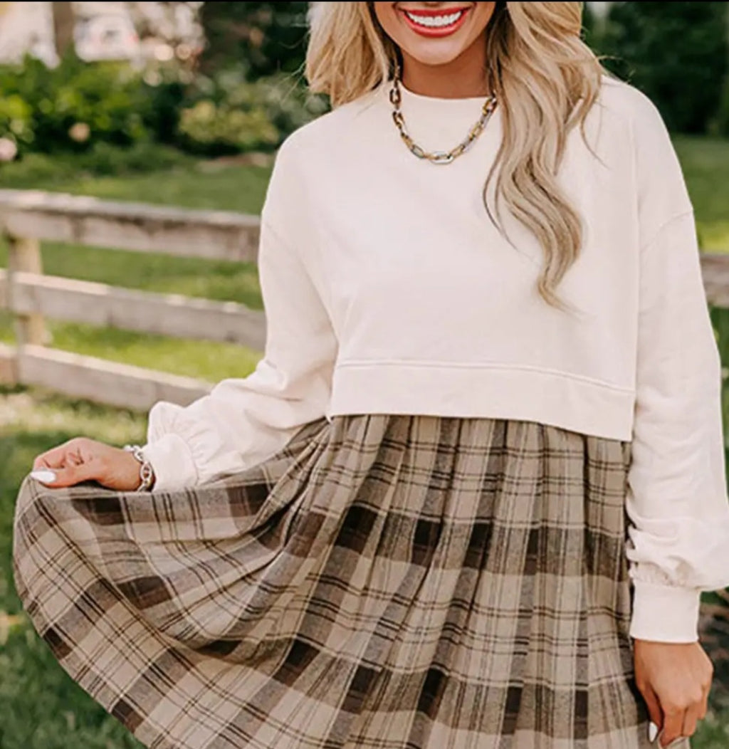 Lovesoft Beige Plaid Patchwork High Waist Sweatshirt Mini Dress Sz Sm