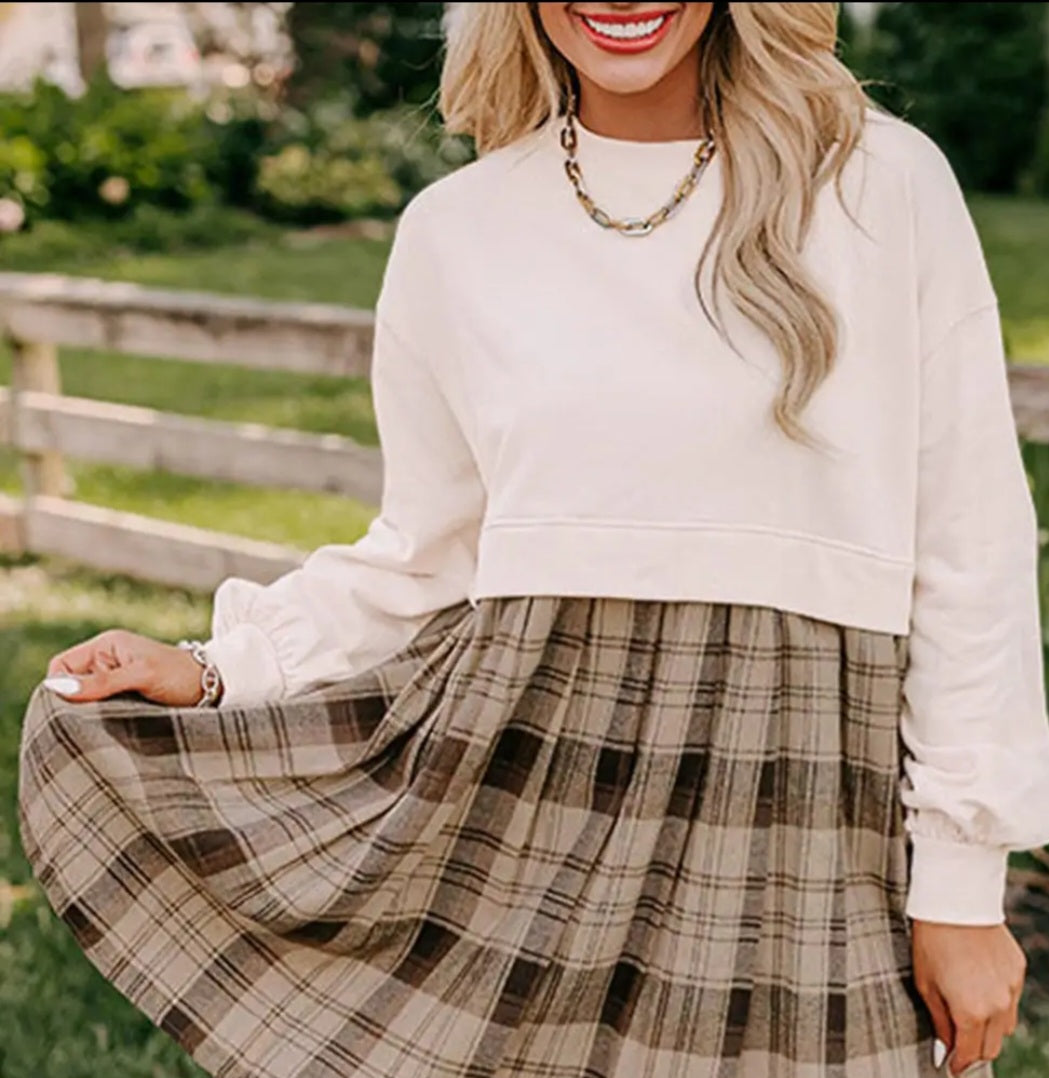 Lovesoft Beige Plaid Patchwork High Waist Sweatshirt Mini Dress Sz Sm