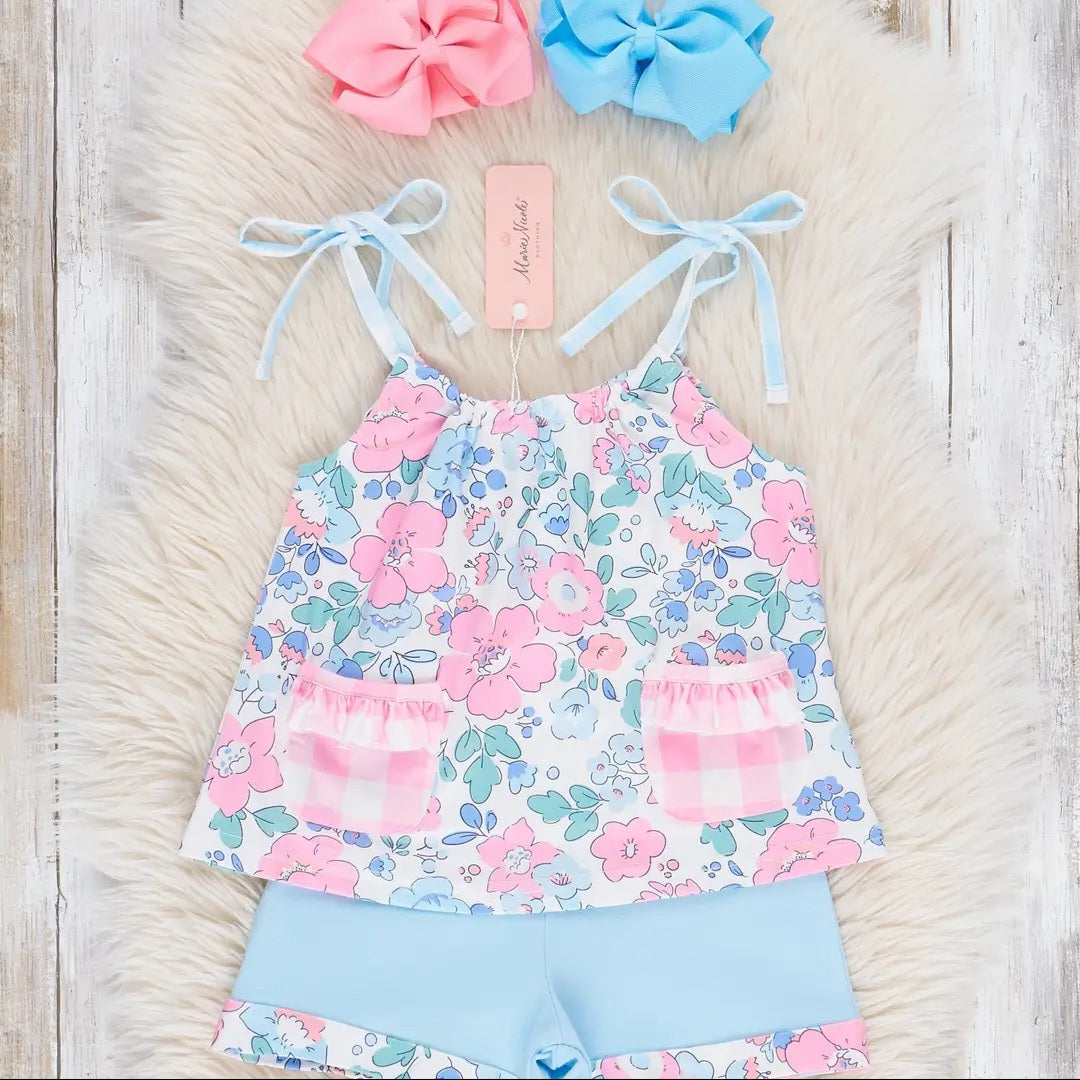 Marie Nicole Pink & Blue Gingham Floral Bloomers Outfit Sz 6-12M