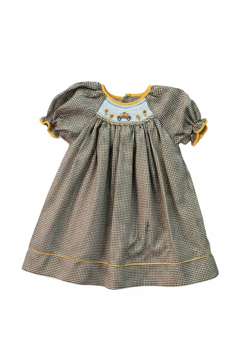Petit Ami Brown Checkered Baby Dress with Smocked Pumpkins Sz 18M