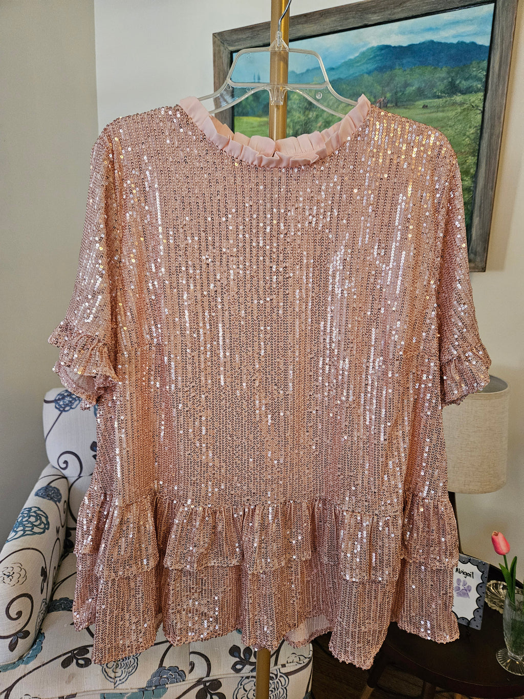 Impressions Elegant Pink Ruffle Sequin Top Sz 2X