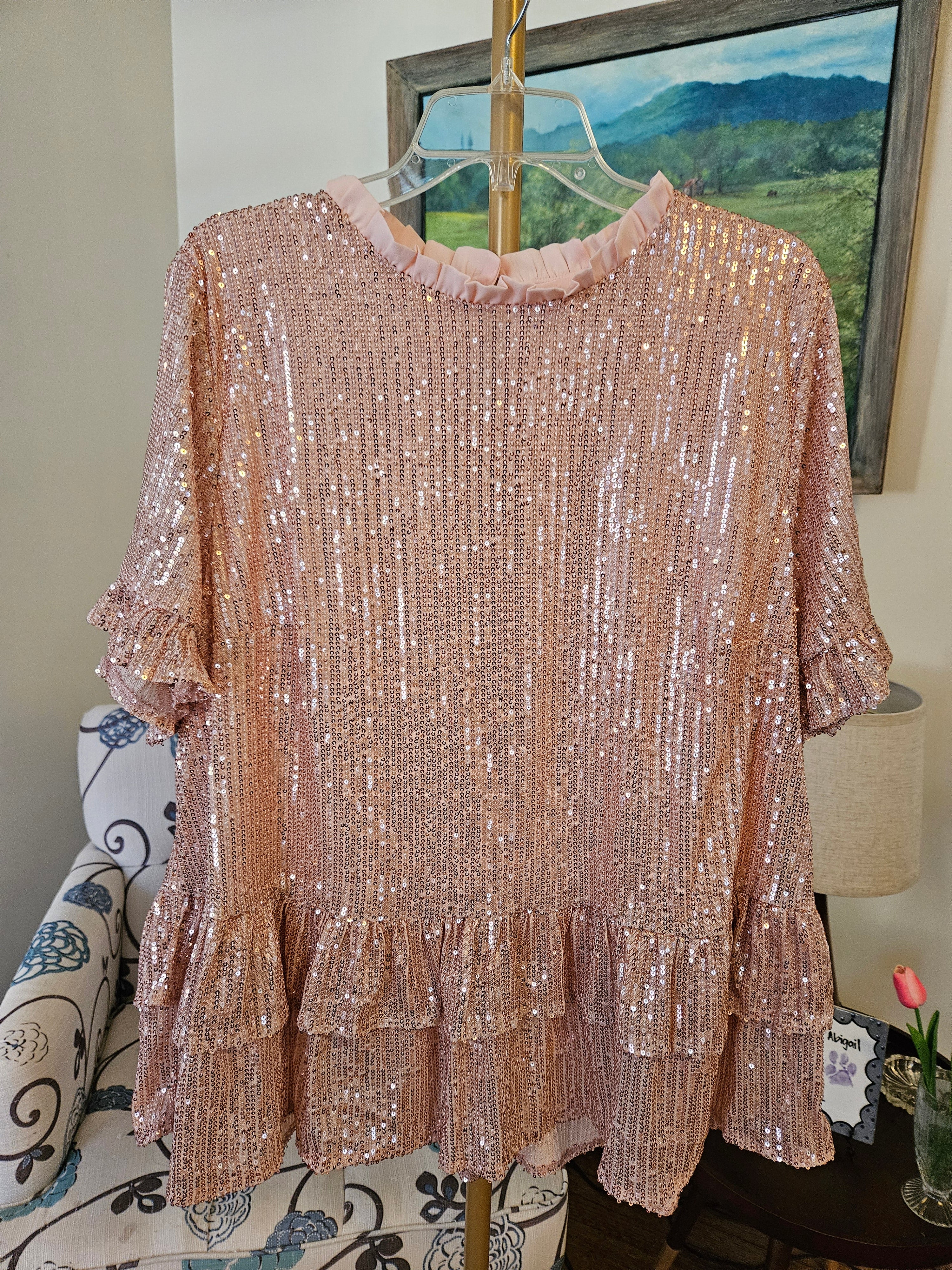 Impressions Elegant Pink Ruffle Sequin Top Sz 2X