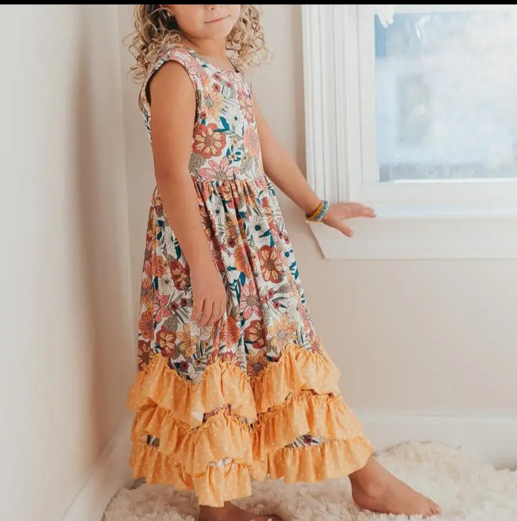 Adorable Sweetness Retro Butter Floral 3 Ruffle Dress