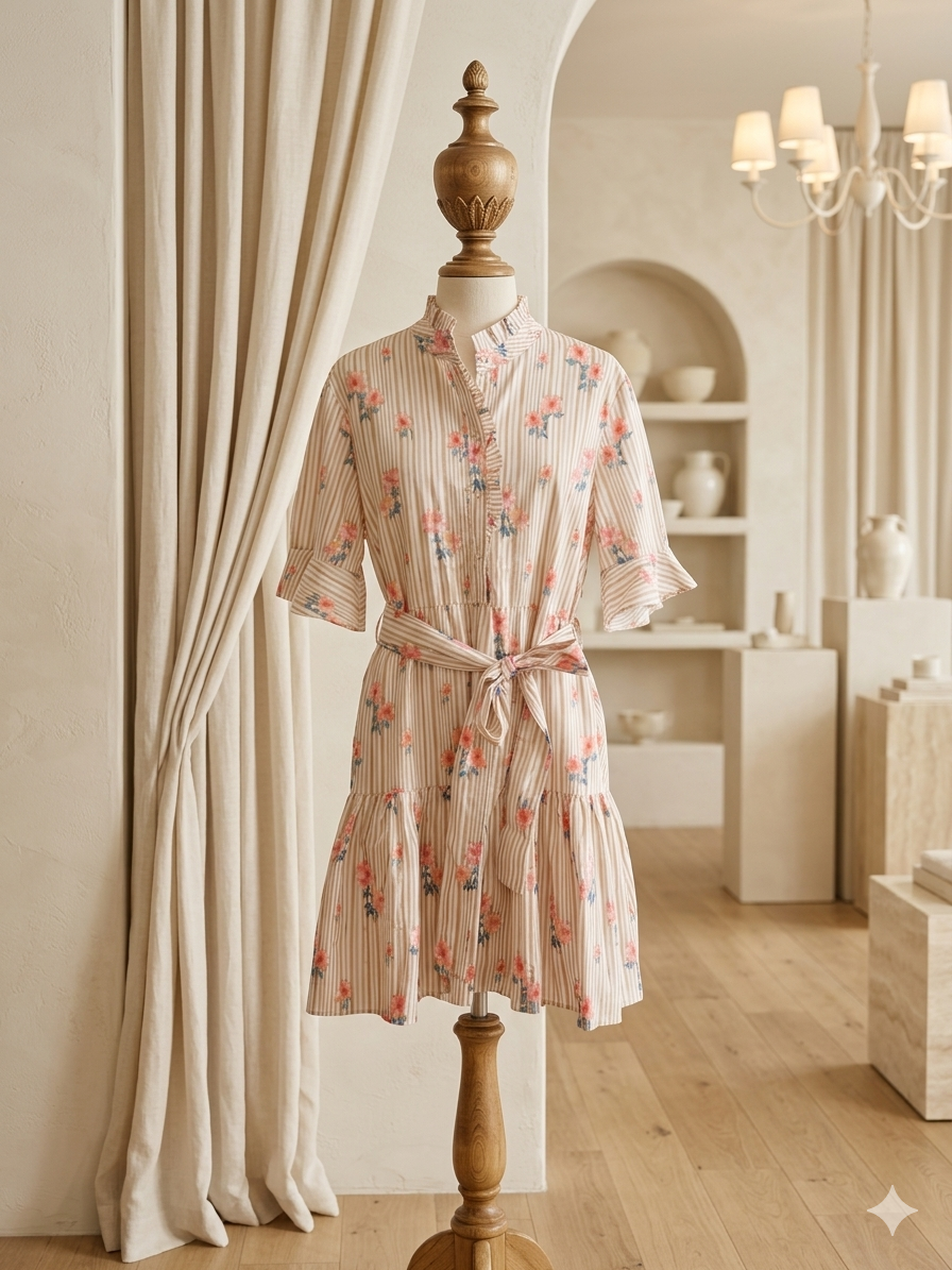 Chic Soul Tan & White Striped Floral Dress Ruffle Trim Belted 3X