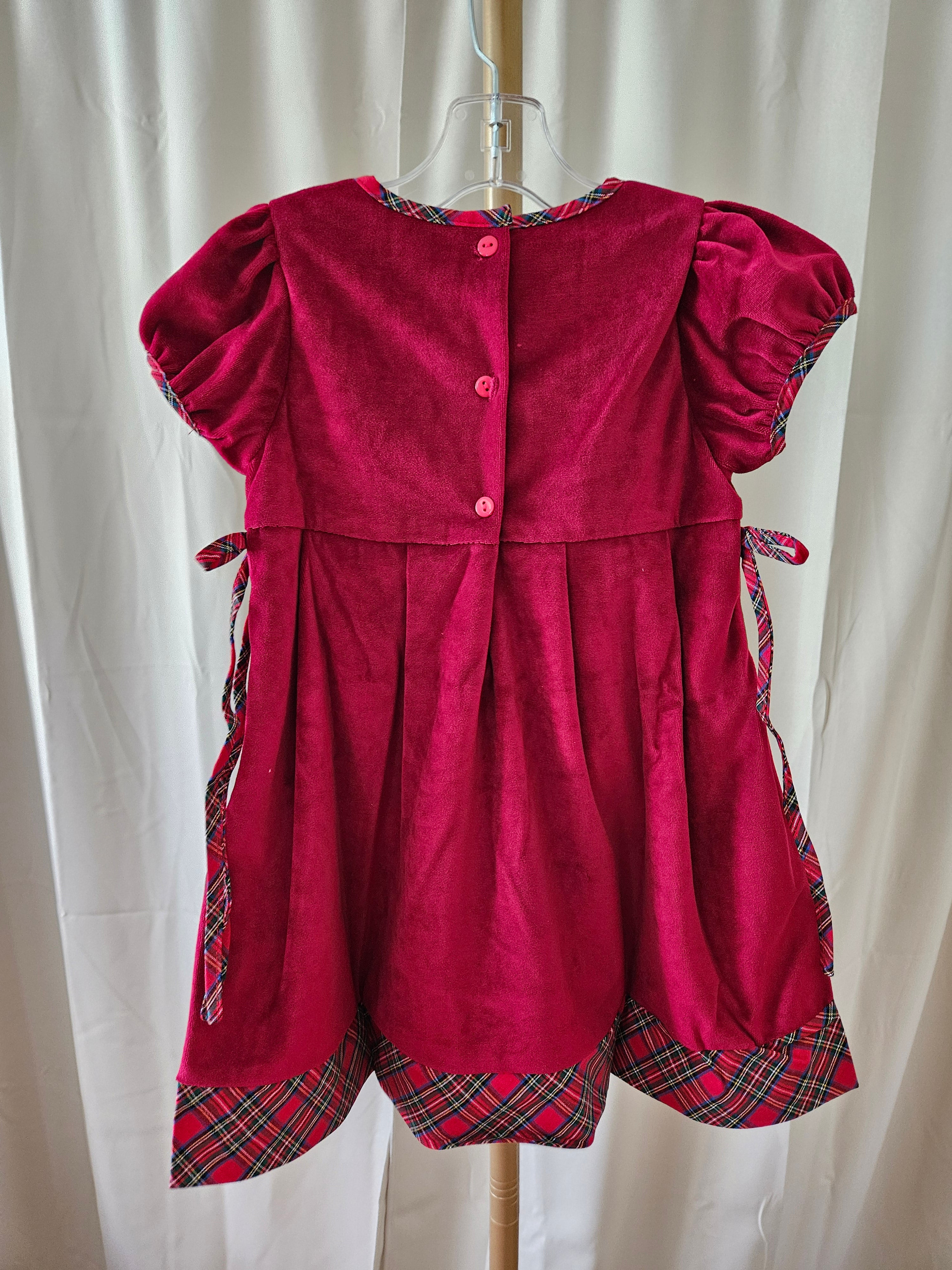 Lil Cactus Deep Red Velvet Christmas Dress Plaid Trim