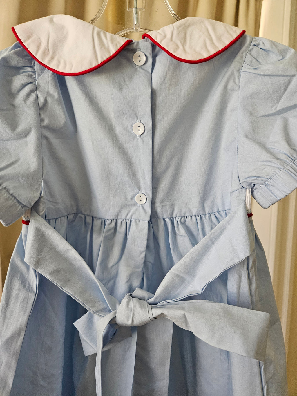 Lil Cactus Smocked Santa Dress Light Blue Red Accents Peter Pan Collar