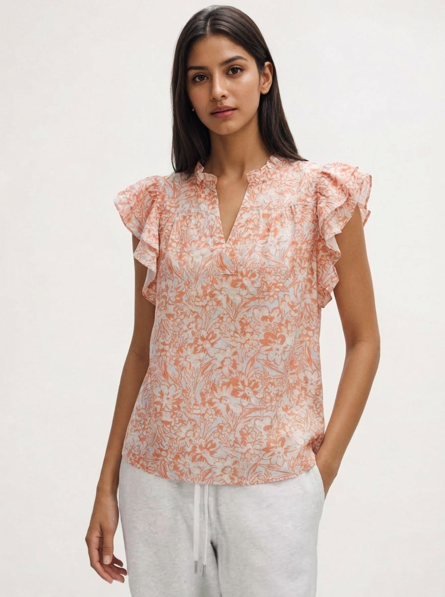 LiveFashionWay Floral Ruffle Sleeve Split NeckTop - Peach Sz Lg