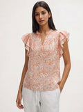 LiveFashionWay Floral Ruffle Sleeve Split NeckTop - Peach Sz Lg