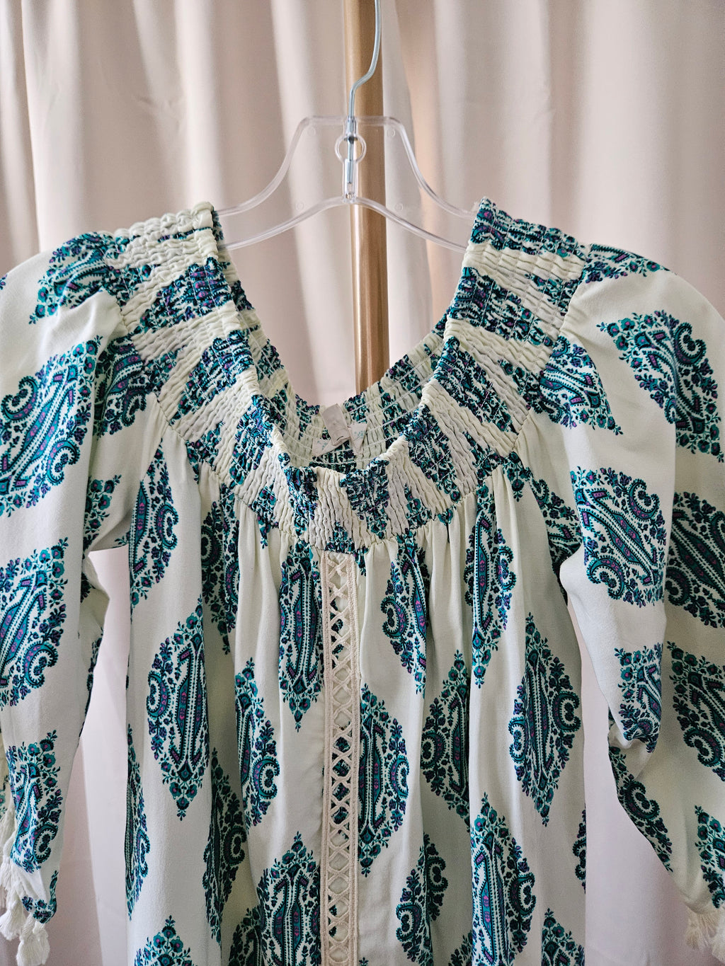 Love Fire Turquoise & Cream Boho Smocked Mini Dress Tassel Sleeves XS