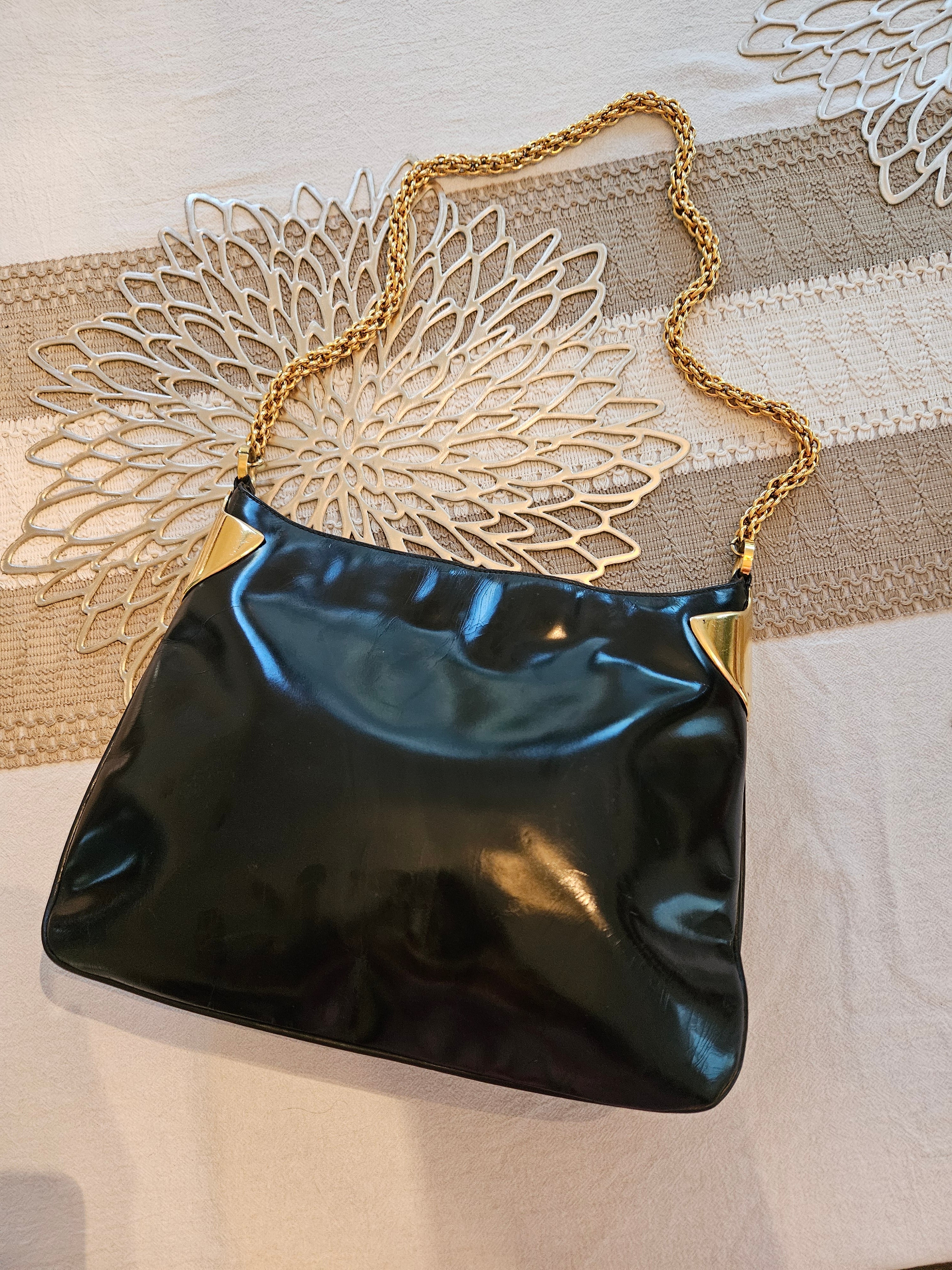 Preloved Vintage Authentic GUCCI 1970's Blk Patent & Gold handbag