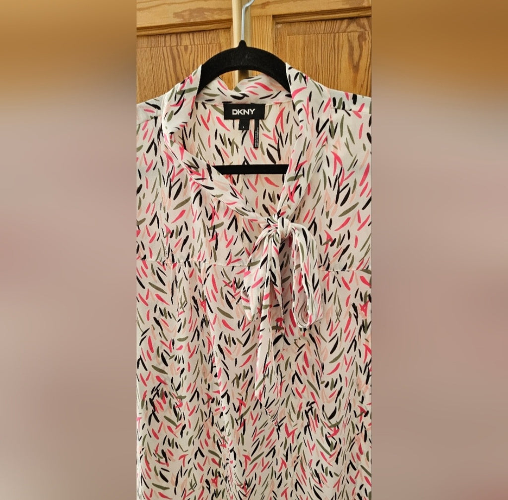 DKNY Abstract Tie Neck Cap Sleeve Blouse Size Large
