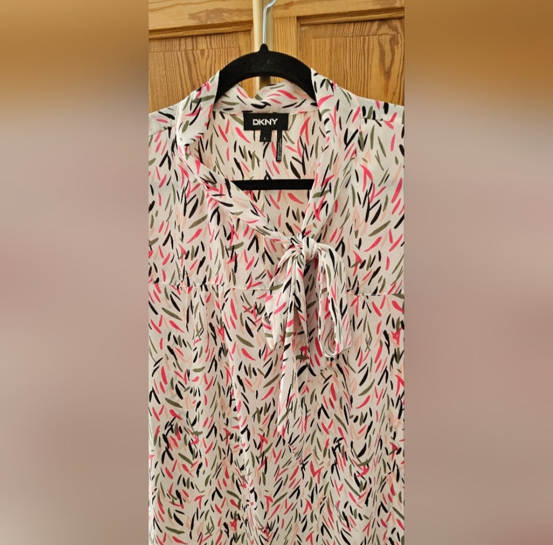 DKNY Abstract Tie Neck Cap Sleeve Blouse Size Large