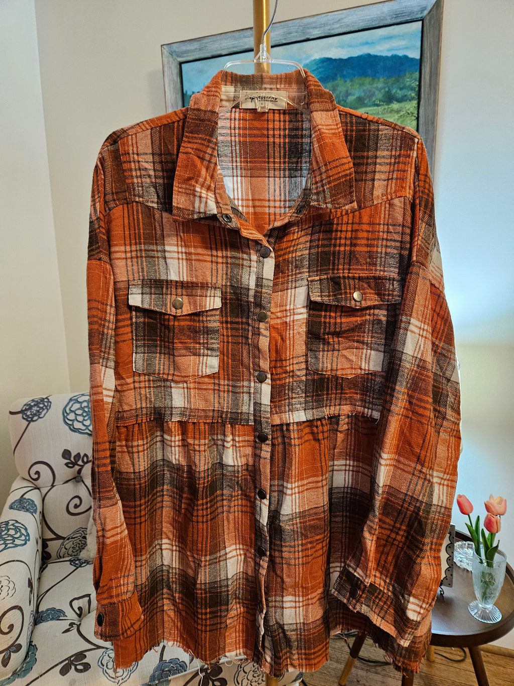 Impressions Orange Plaid Flannel Button Down Shirt Sz 2X