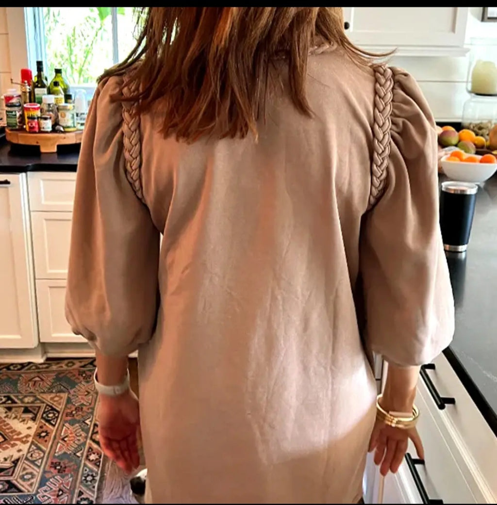 Lovesoft Light French Beige Braided Trim Puff Sleeve Dress Sz Med