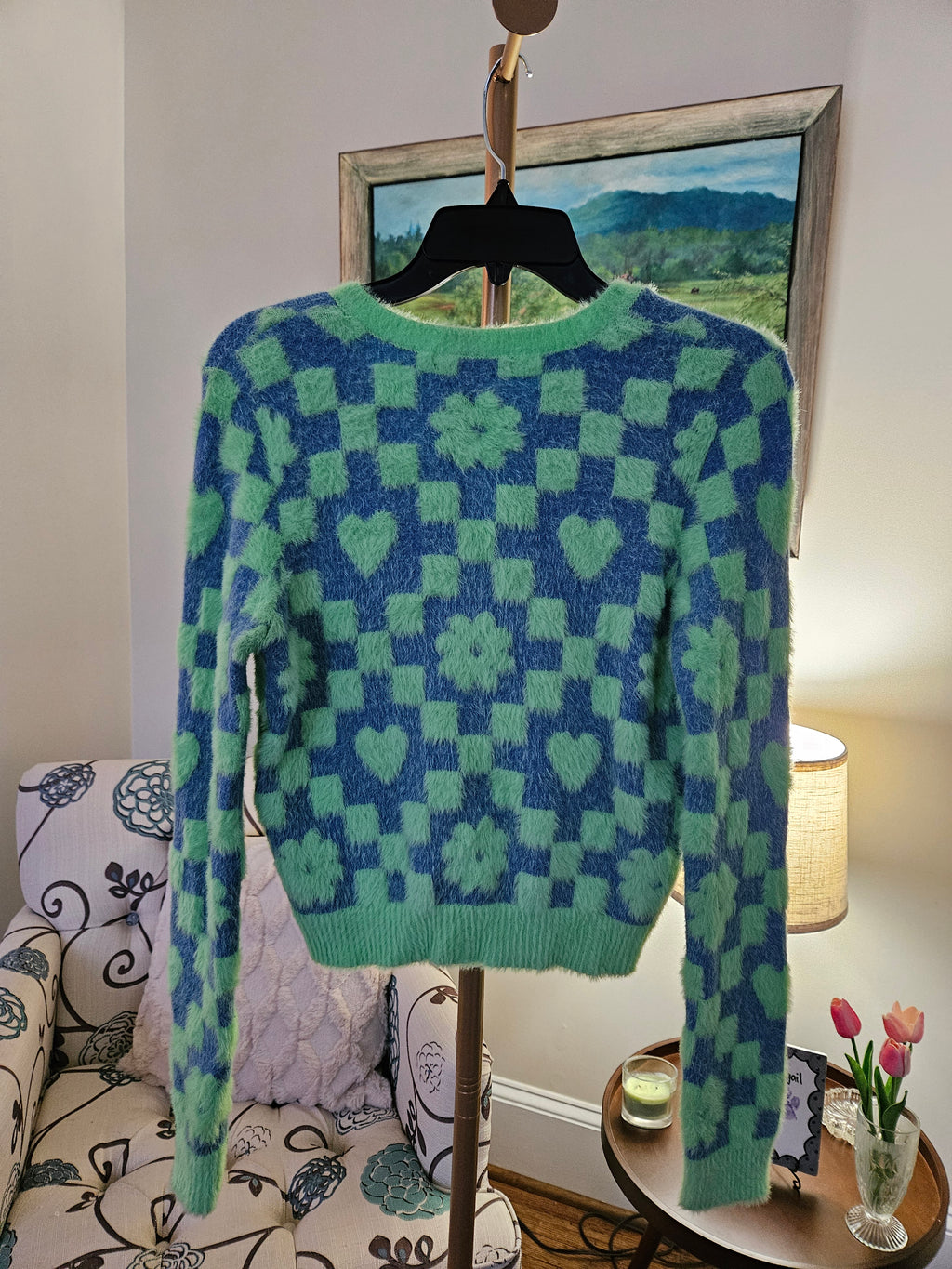 Forever 21 Green and Blue Fuzzy Checkered Cardigan Sz Sm