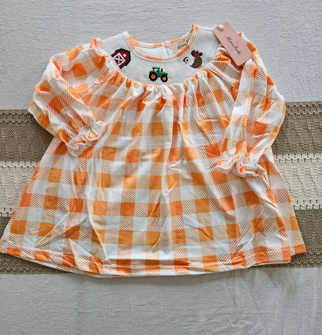 Marie Nicole Orange Checkered Kids Smocked Farm Dress Sz 12-18M