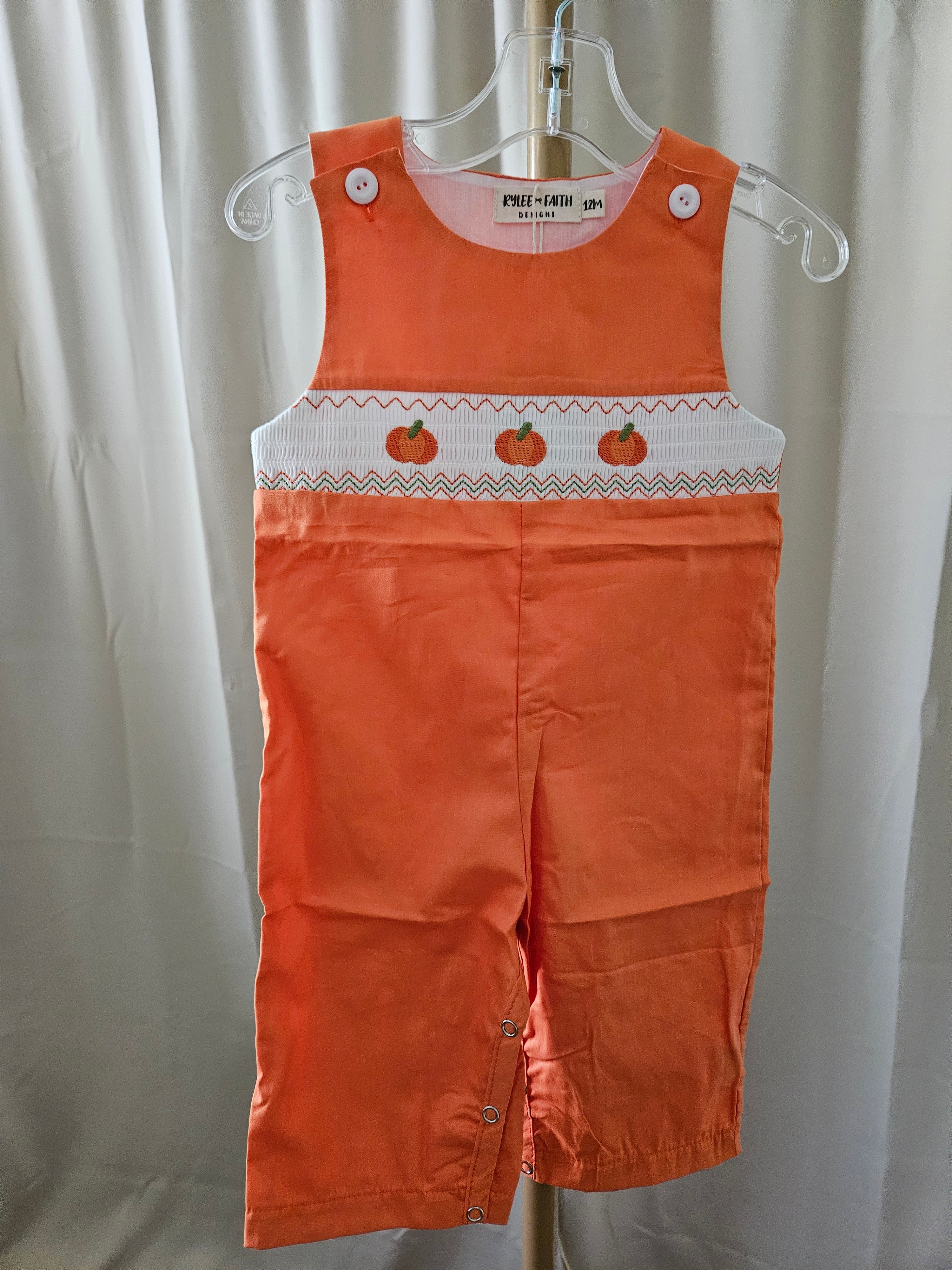 Rylee Faith Designs Orange Pumpkin Smocked Jon Jon | Sizes 3M, 6M, 12M, 18M