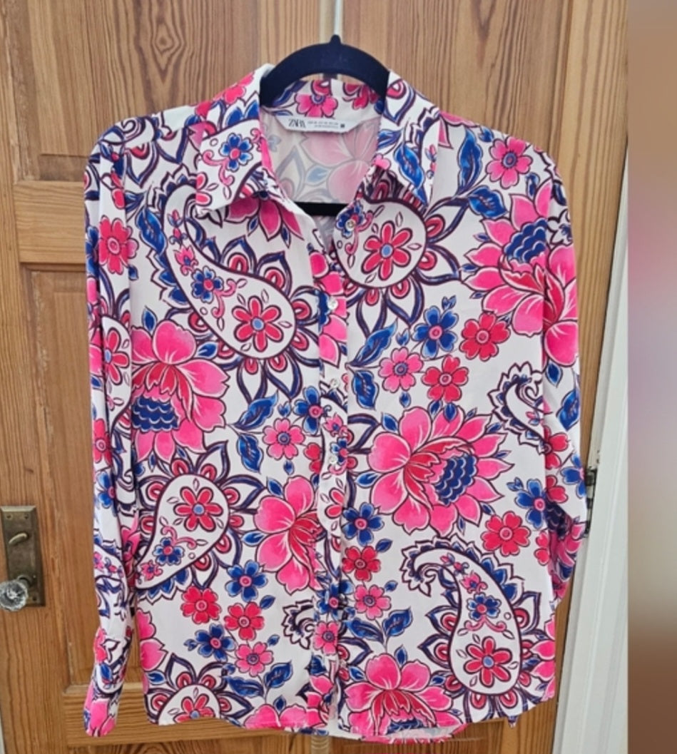 Zara Paisley & Floral Long Sleeve Silky Button Up Size XS