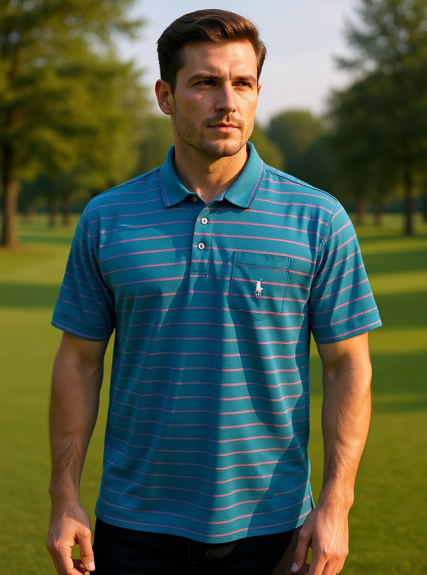 Polo Golf Ralph Lauren Teal Blue and Pink Striped Polo Shirt Size Large