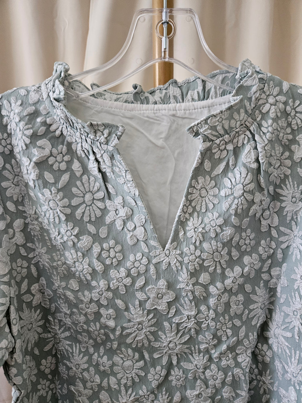Lovesoft Sage & Silver Textured Puff Sleeve V-Neck Top
