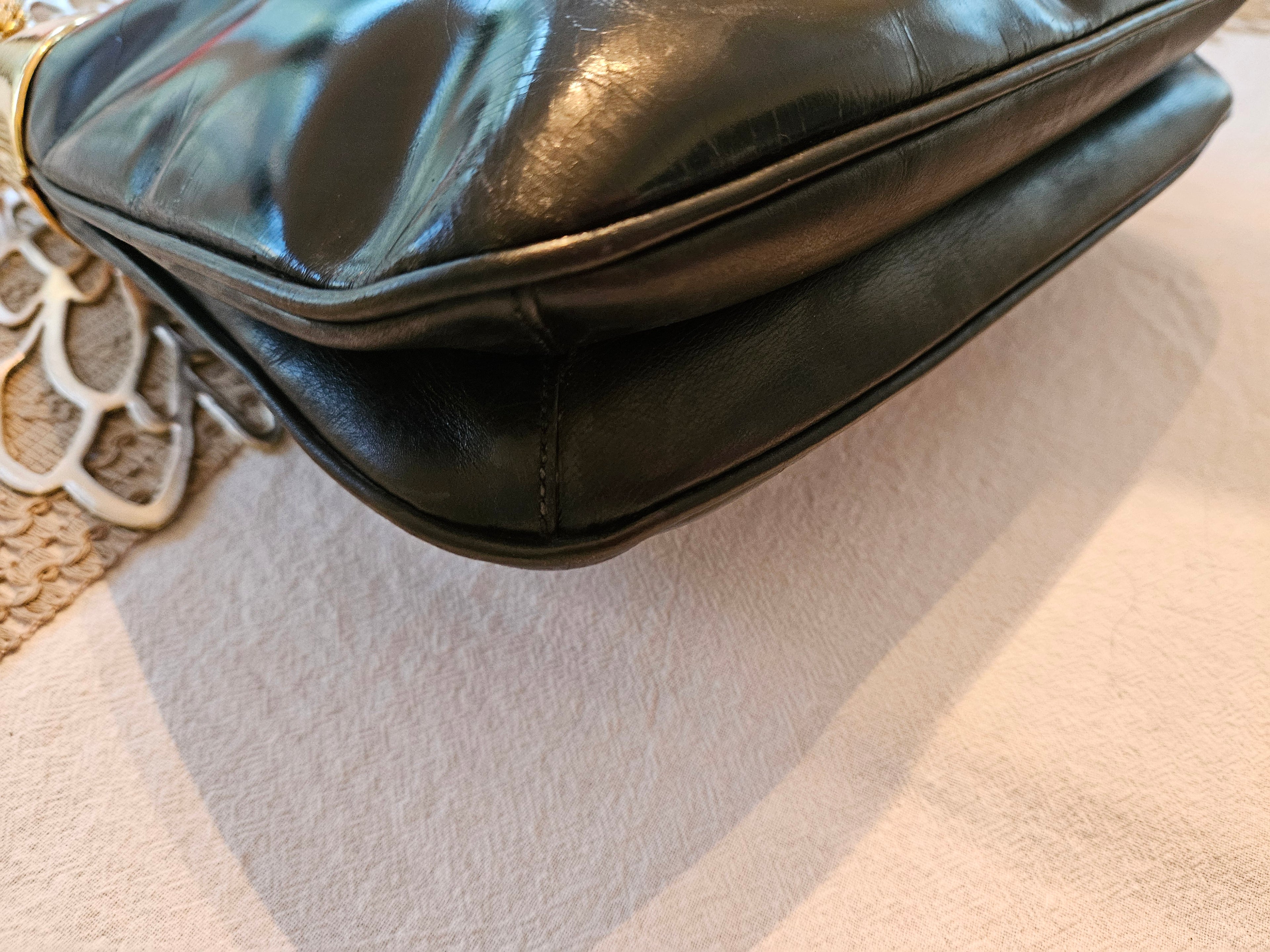 Preloved Vintage Authentic GUCCI 1970's Blk Patent & Gold handbag