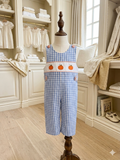 Banana Split Pumpkin Embroidered Blue & White Check Jon Jon NWT Size 18M 🎃