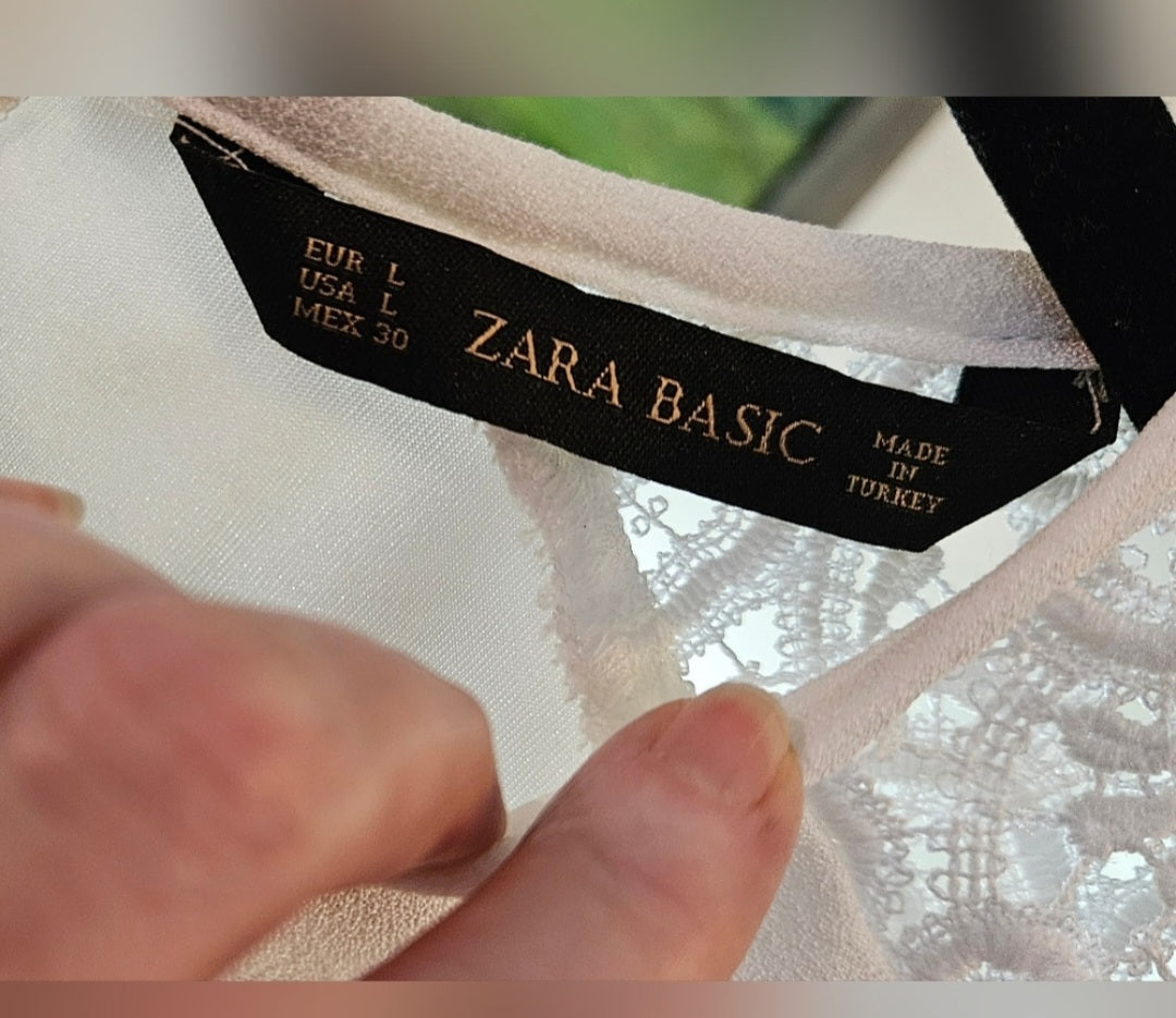 Zara White Lace Sleeve Dress with Zipper Back Size Large
